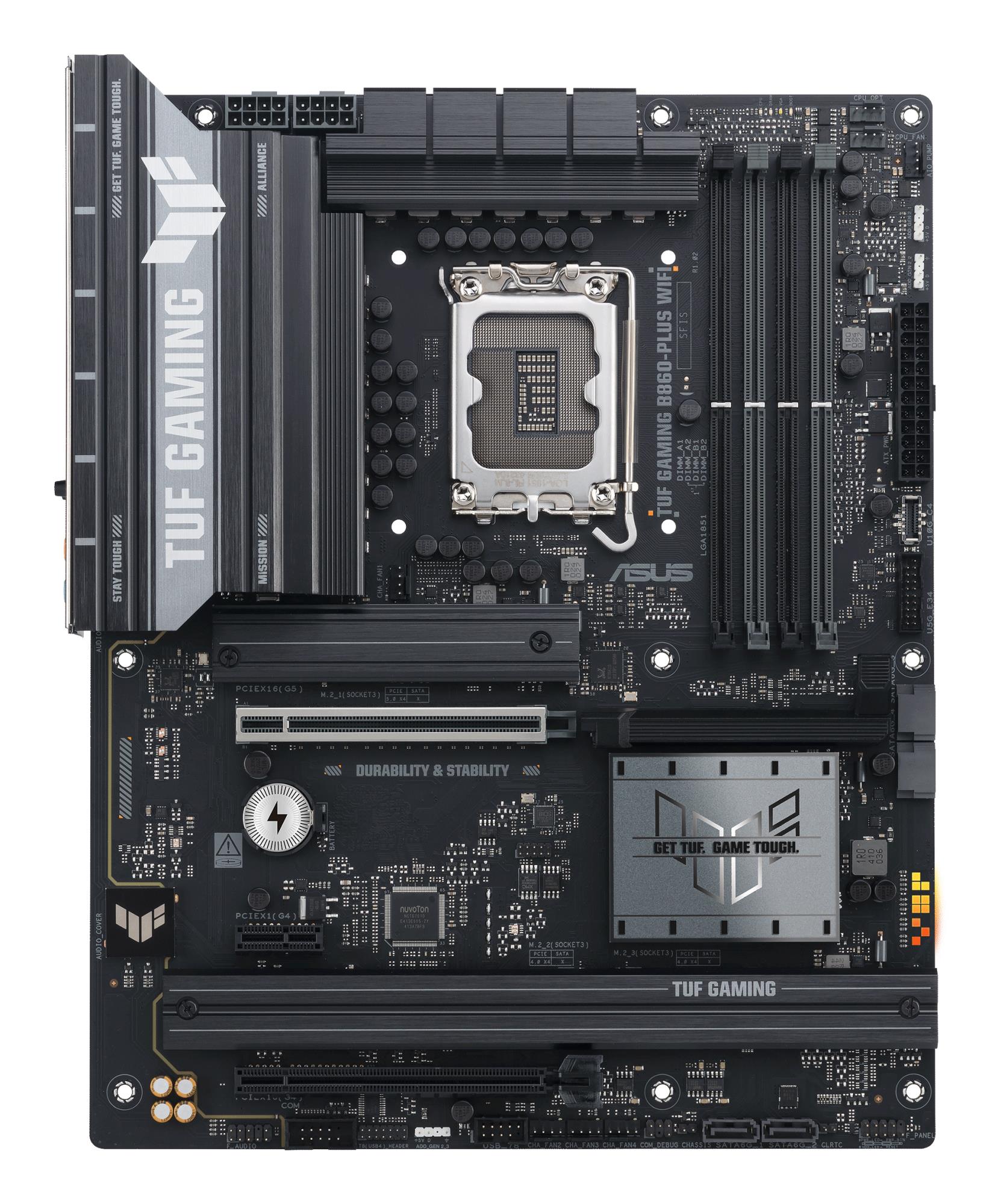 Mainboard ASUS Intel B860 Express LGA1851 ATX Memory DDR5 Memory slots 4 1xPCI-Express 4.0 1x 1xPCI-Express 4.0 16x 1xPCI-Express 5.0 16x 3xM.2 1xHDMI 1xDisplayPort 2xUSB 2.0 3xUSB 3.0 2xUSB 3.2 1xUSB-C 1xOptical S/PDIF 1xRJ45 5xAudio port TUFGAMINGB860-PLUSWIFI - Image 2