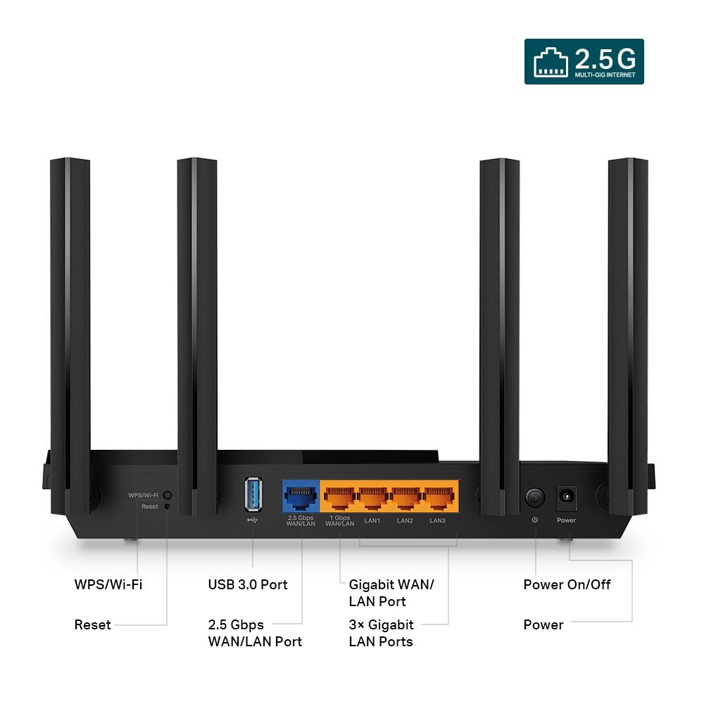 Wireless Router TP-LINK Wireless Router 3000 Mbps Wi-Fi 6 IEEE 802.11a IEEE 802.11 b/g IEEE 802.11n IEEE 802.11ac IEEE 802.11ax USB 3.0 3x10/100/1000M 1x2.5GbE LAN WAN ports 1 Number of antennas 4 ARCHERAX55PRO - Image 3