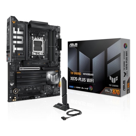Mainboard ASUS AMD X870 SAM5 ATX Memory DDR5 Memory slots 4 2xPCI-Express 4.0 16x 1xPCI-Express 5.0 16x 4xM.2 1xHDMI 1xUSB 2.0 7xUSB 3.2 2xUSB-C 1xRJ45 5xAudio port TUFGAMINGX870-PLUSWIFI