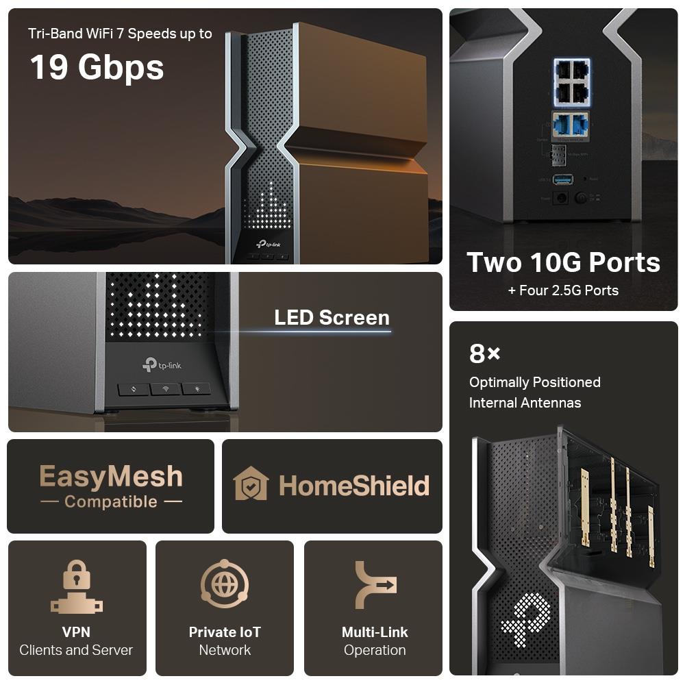 Wireless Router TP-LINK Wireless Router 19000 Mbps Mesh Wi-Fi 7 USB 3.0 4x2.5GbE 2x10GbE LAN WAN ports 2 Number of antennas 8 ARCHERBE800 - Image 9