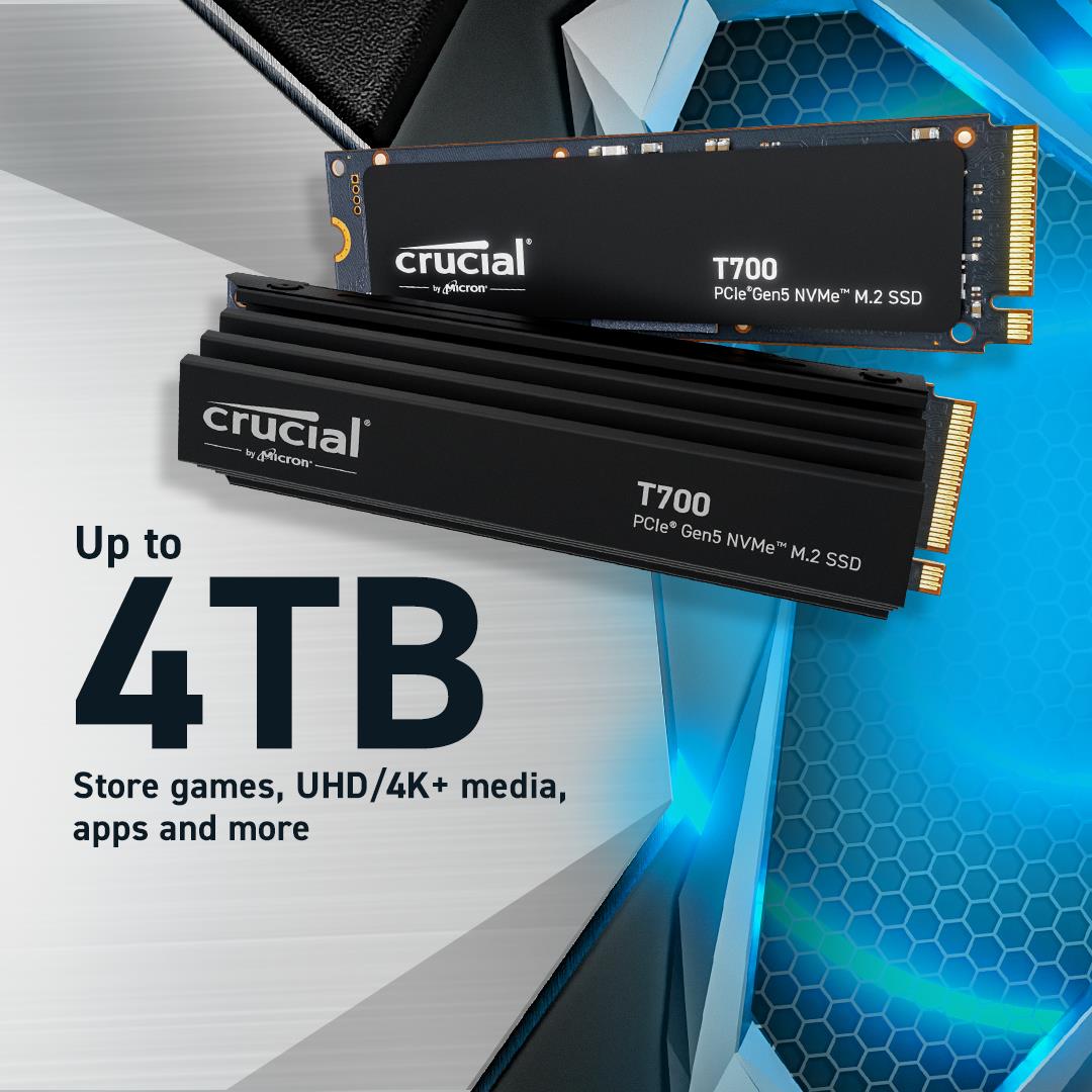 SSD CRUCIAL T700 4TB M.2 PCIe Gen5 NVMe TLC Write speed 11800 MBytes/sec Read speed 12400 MBytes/sec TBW 2400 TB CT4000T700SSD5 - Image 2