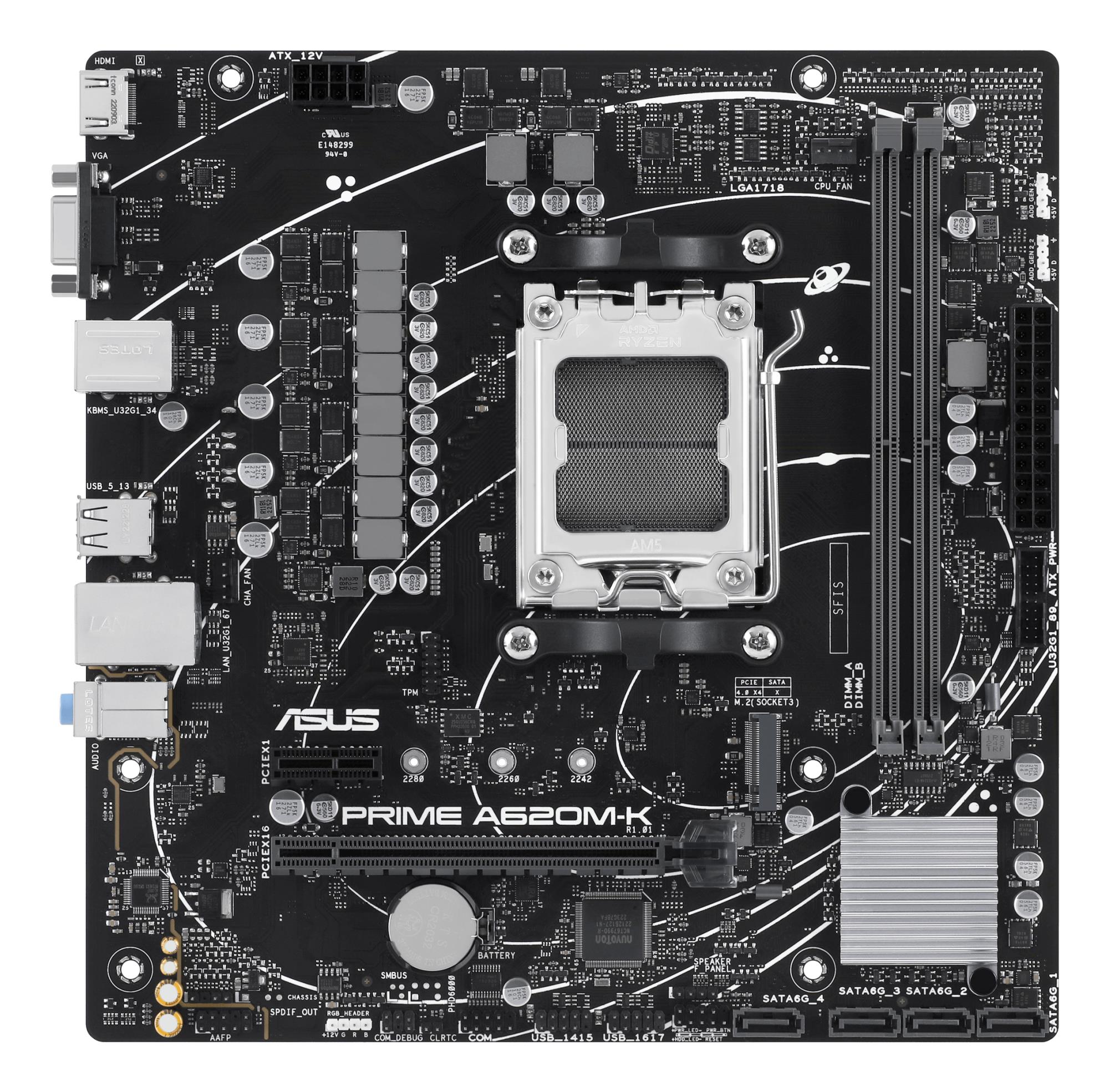 Mainboard ASUS AMD A620 Micro-ATX Memory DDR5 Memory slots 2 1xPCI-Express 3.0 1x 1xPCI-Express 4.0 16x 1xM.2 1x15pin D-sub 1xHDMI 2xUSB 2.0 4xUSB 3.2 1xPS/2 1xRJ45 3xAudio port PRIMEA620M-K - Image 2