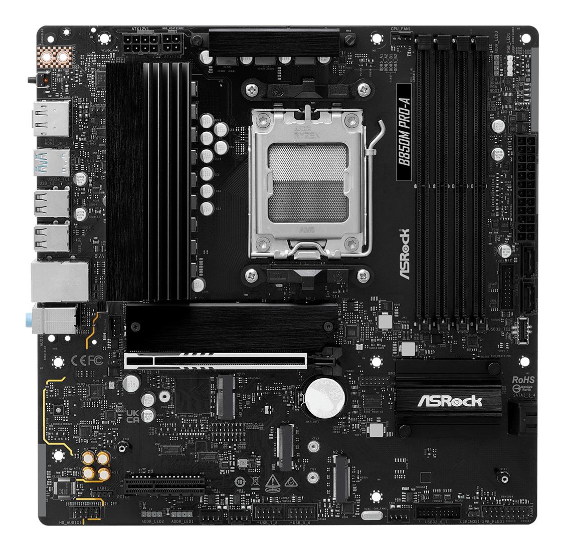 Mainboard ASROCK AMD B850 SAM5 Micro-ATX Memory DDR5 Memory slots 4 1xPCI-Express 4.0 4x 1xPCI-Express 5.0 16x 1xM.2 1xHDMI 1xDisplayPort 1xAudio-In 1xAudio-Out 1xMicrophone 4xUSB 2.0 3xUSB 3.2 1xUSB-C 1xRJ45 B850MPRO-A - Image 3