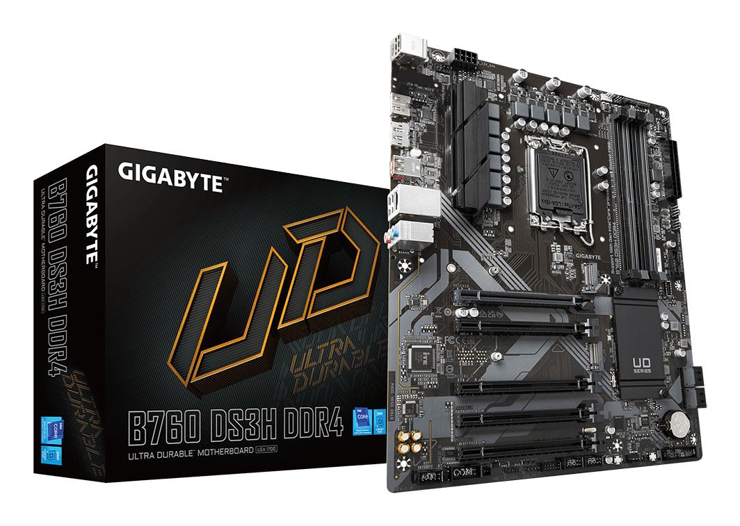 Mainboard GIGABYTE Intel B760 Express LGA1700 ATX Memory DDR4 Memory slots 4 4xPCI-Express 3.0 1x 1xPCI-Express 4.0 16x 2xM.2 1xHDMI 1xDisplayPort 4xUSB 2.0 1xUSB 3.2 1xUSB-C 1xPS/2 1xRJ45 3xAudio port B760DS3HDDR4