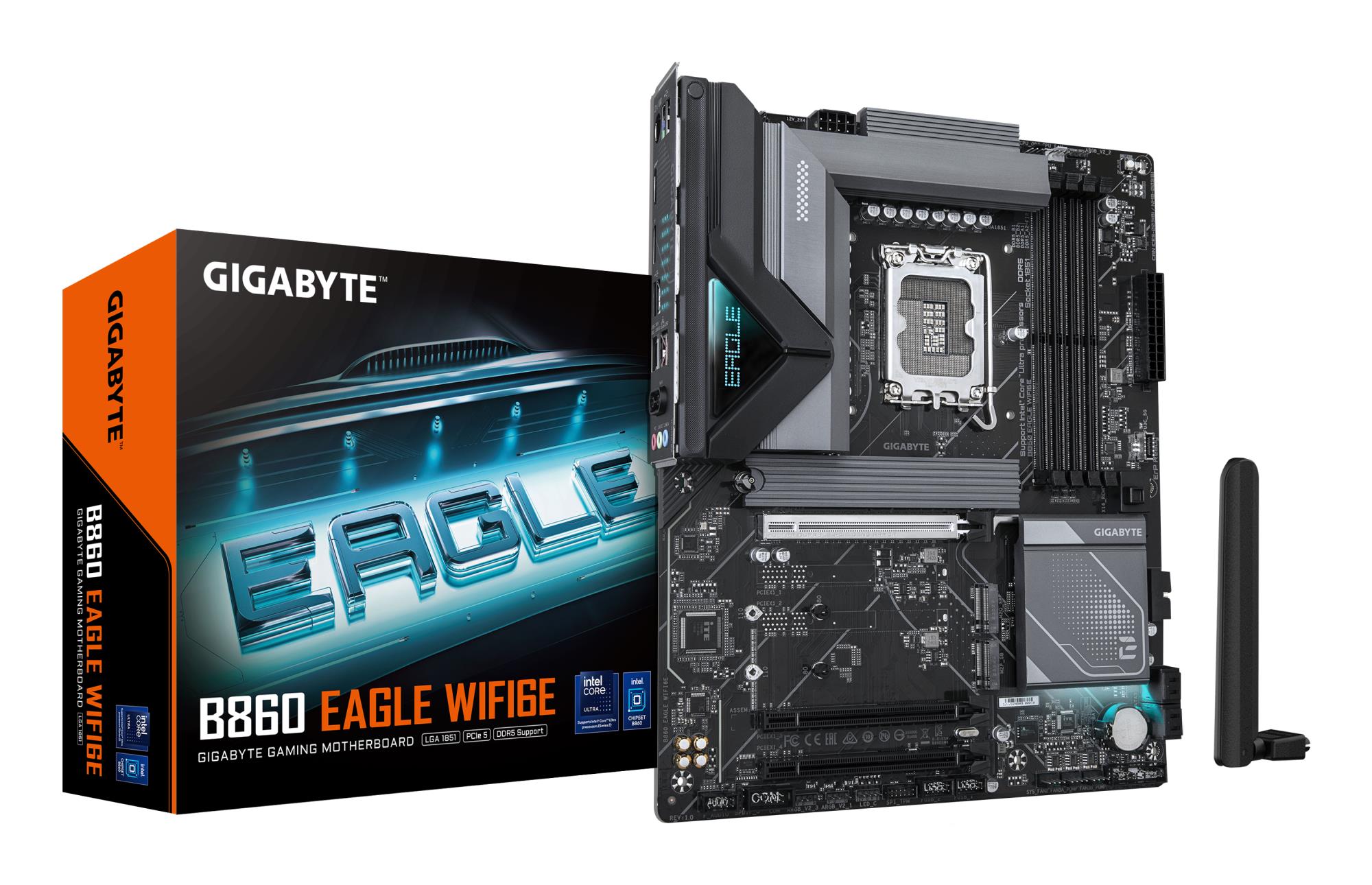 Mainboard GIGABYTE Intel B860 Express LGA1851 ATX Memory DDR5 Memory slots 4 3xPCI-Express 16x 3xM.2 1xHDMI 1xDisplayPort 1xAudio-In 1xAudio-Out 1xMicrophone 4xUSB 2.0 1xUSB 3.2 1xUSB-C 1xPS/2 1xRJ45 B860EAGLEWIFI6E1.0