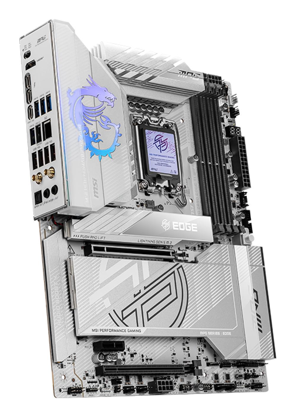 Mainboard MSI Intel Z890 LGA1851 ATX Memory DDR5 Memory slots 4 1xPCI-Express 1x 2xPCI-Express 16x 5xM.2 1xHDMI 1xAudio-In 1xAudio-Out 1xUSB 2.0 4xUSB 3.0 4xUSB 3.1 1xUSB-C 1xOptical S/PDIF 1xRJ45 2xThunderbolt MPGZ890EDGETIWIFI - Image 4