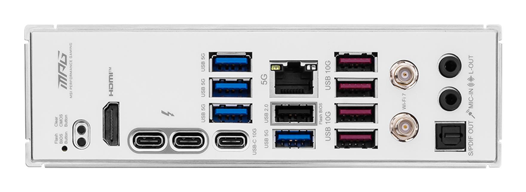 Mainboard MSI Intel Z890 LGA1851 ATX Memory DDR5 Memory slots 4 1xPCI-Express 1x 2xPCI-Express 16x 5xM.2 1xHDMI 1xAudio-In 1xAudio-Out 1xUSB 2.0 4xUSB 3.0 4xUSB 3.1 1xUSB-C 1xOptical S/PDIF 1xRJ45 2xThunderbolt MPGZ890EDGETIWIFI - Image 5