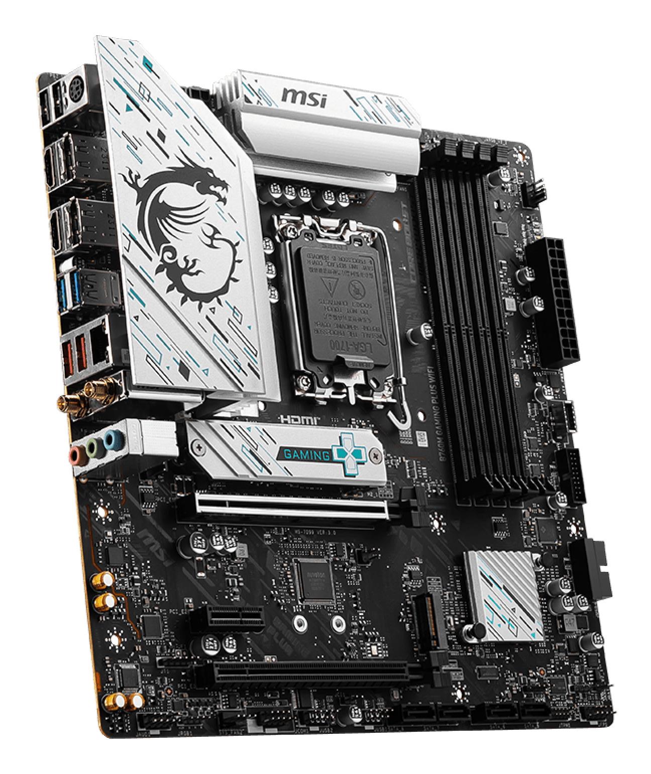 Mainboard MSI Intel B760 Express LGA1700 Micro-ATX Memory DDR5 Memory slots 4 1xPCI-Express 3.0 1x 1xPCI-Express 4.0 4x 1xPCI-Express 4.0 16x 2xM.2 2xHDMI 2xDisplayPort 2xUSB 2.0 4xUSB 3.2 1xPS/2 1xRJ45 3xAudio port B760MGAMINGPLUSWIFI - Image 4