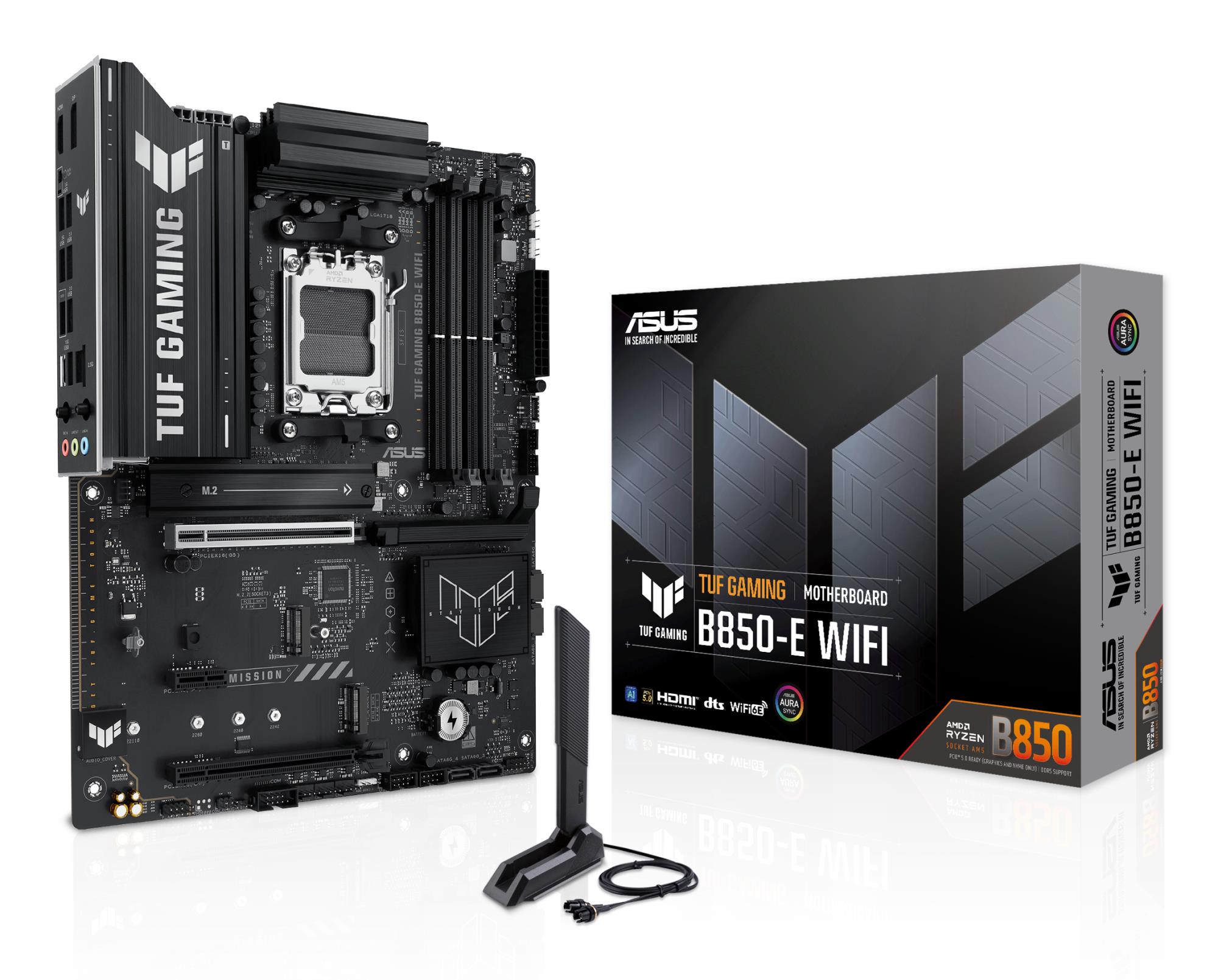 Mainboard ASUS AMD B850 SAM5 ATX Memory DDR5 Memory slots 4 1xPCI-Express 4.0 1x 1xPCI-Express 4.0 16x 1xPCI-Express 5.0 16x 3xM.2 1xHDMI 1xDisplayPort 3xUSB 2.0 4xUSB 3.2 1xUSB-C 1xRJ45 3xAudio port TUFGAMINGB850-EWIFI