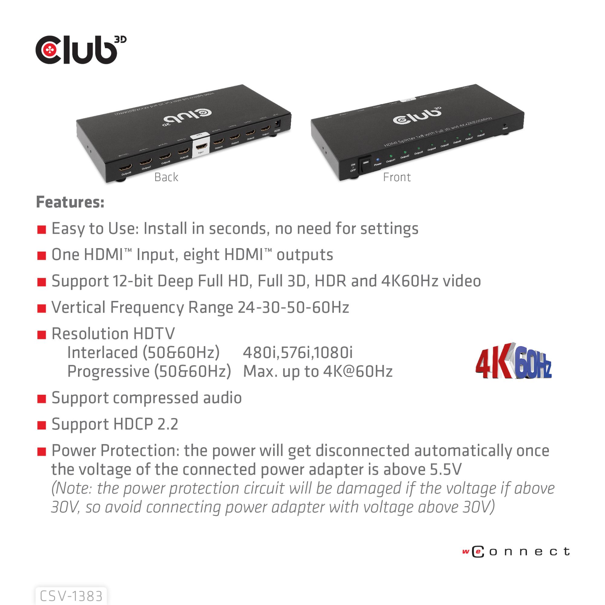 VIDEO SPLITTER HDMI 8PORT/3D 4K 60HZ CSV-1383 CLUB3D - Image 12