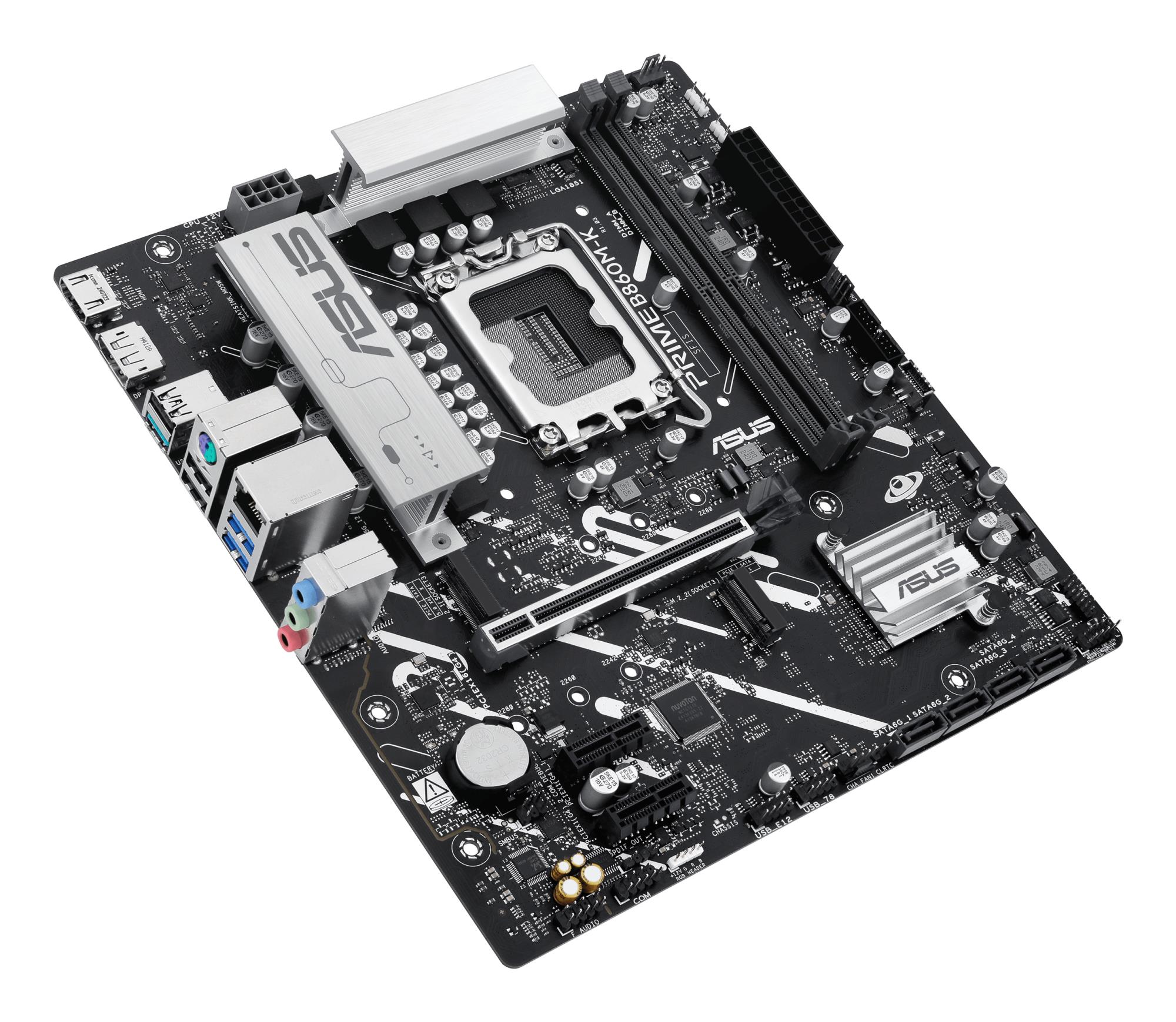 Mainboard ASUS Intel B860 Express LGA1851 Micro-ATX Memory DDR5 Memory slots 2 2xPCI-Express 4.0 1x 1xPCI-Express 4.0 16x 2xM.2 1xHDMI 1xDisplayPort 1xAudio-In 1xAudio-Out 1xMicrophone 3xUSB 2.0 2xUSB 3.0 1xUSB 3.2 1xPS/2 1xRJ45 PRIMEB860M-K - Image 5