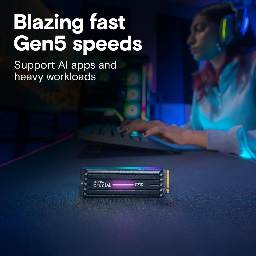 SSD CRUCIAL T710 1TB M.2 PCIe Gen5 NVMe Write speed 13700 MBytes/sec Read speed 14900 MBytes/sec TBW 600 TB CT1000T710SSD5 - Image 3