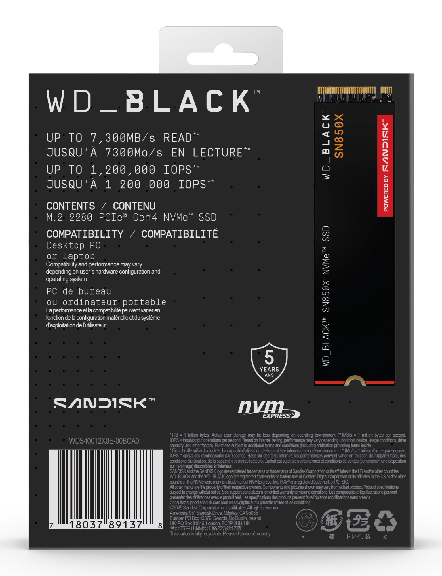 SSD SANDISK 2400xTBW rating Read speed 7300 MB/s Write speed 6600 MB/s NVMe Yes PCI Express 4.0 M.2 4000 GB POWERED BY SANDISK Black SN850X WDS400T2X0E - Image 8