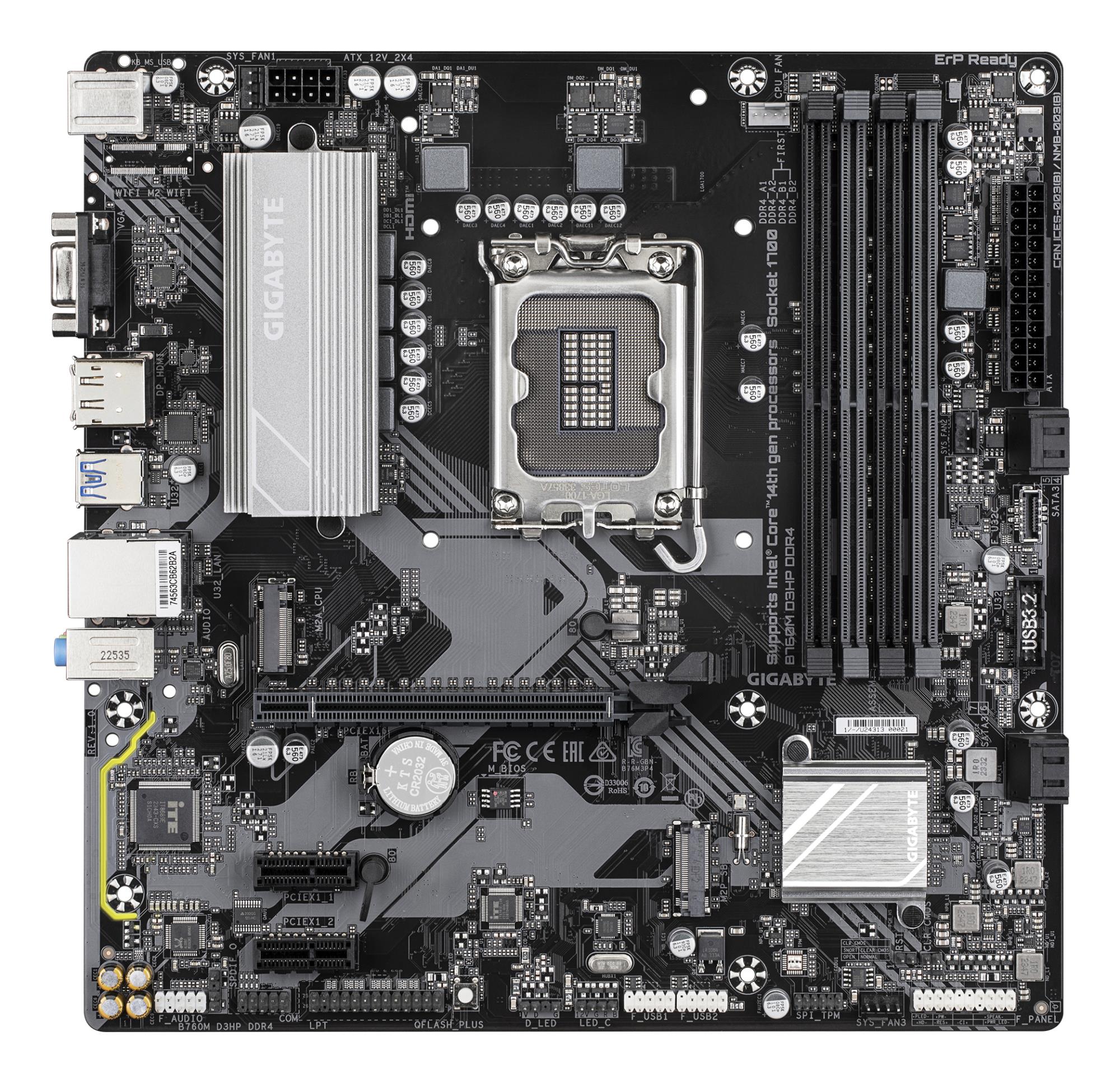 Mainboard GIGABYTE Intel B760 Express LGA1700 Micro-ATX Memory DDR4 Memory slots 4 2xPCI-Express 3.0 1x 1xPCI-Express 4.0 16x 2xM.2 1x15pin D-sub 1xHDMI 1xDisplayPort 6xUSB 2.0 5xUSB 3.2 1xUSB-C 1xPS/2 1xRJ45 3xAudio port B760MD3HPDDR4 - Image 2