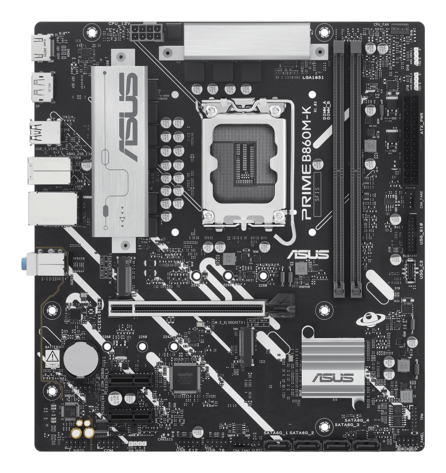 Mainboard ASUS Intel B860 Express LGA1851 Micro-ATX Memory DDR5 Memory slots 2 2xPCI-Express 4.0 1x 1xPCI-Express 4.0 16x 2xM.2 1xHDMI 1xDisplayPort 1xAudio-In 1xAudio-Out 1xMicrophone 3xUSB 2.0 2xUSB 3.0 1xUSB 3.2 1xPS/2 1xRJ45 PRIMEB860M-K