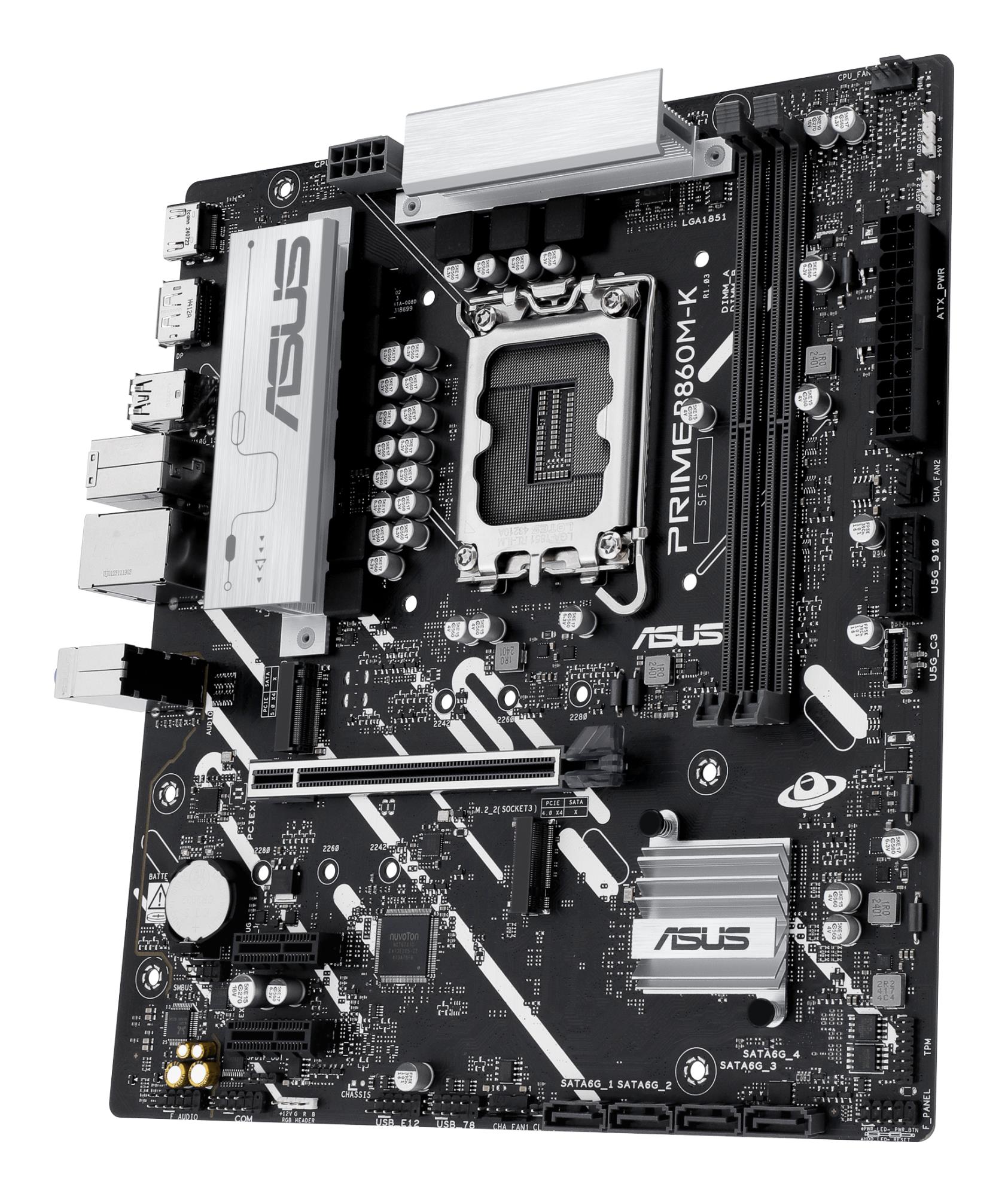 Mainboard ASUS Intel B860 Express LGA1851 Micro-ATX Memory DDR5 Memory slots 2 2xPCI-Express 4.0 1x 1xPCI-Express 4.0 16x 2xM.2 1xHDMI 1xDisplayPort 1xAudio-In 1xAudio-Out 1xMicrophone 3xUSB 2.0 2xUSB 3.0 1xUSB 3.2 1xPS/2 1xRJ45 PRIMEB860M-K - Image 4