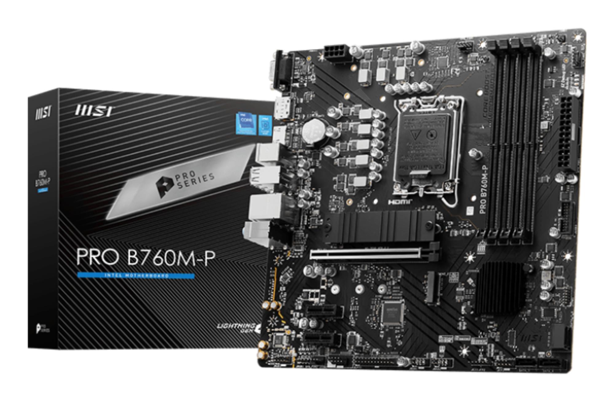 Mainboard MSI Intel B760 Express LGA1700 Micro-ATX Memory DDR5 Memory slots 4 2xPCI-Express 1x 1xPCI-Express 16x 2xM.2 1x15pin D-sub 1xHDMI 1xDisplayPort 4xUSB 2.0 1xUSB 3.2 1xUSB-C 2xPS/2 1xRJ45 3xAudio port PROB760M-P