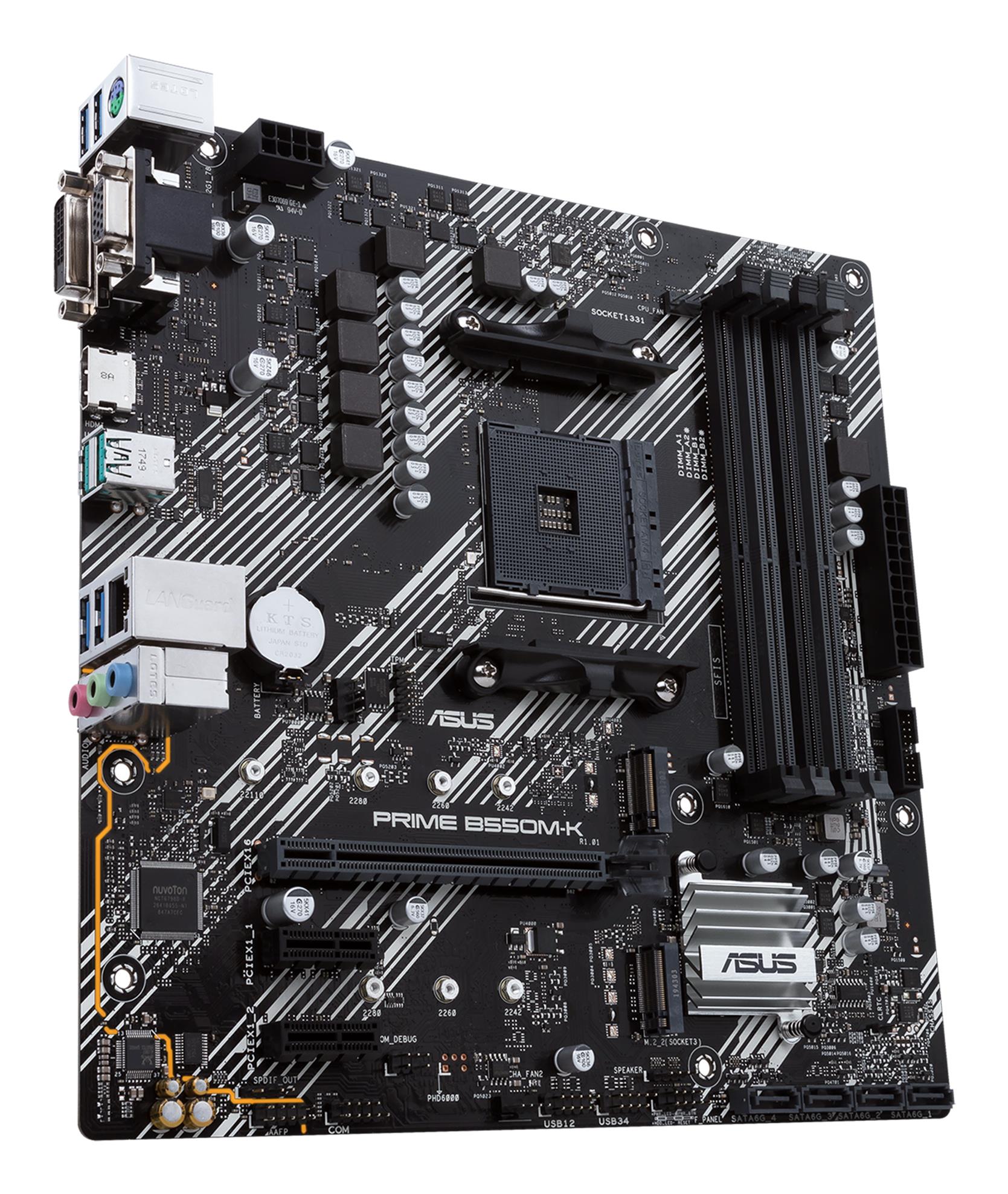 Mainboard ASUS AMD B550 SAM4 MicroATX 2xPCI-Express 3.0 1x 2xM.2 1xPCI-Express 4.0 16x Memory DDR4 Memory slots 4 1x15pin D-sub 1xDVI 1xHDMI 6xUSB 3.2 1xPS/2 1xRJ45 3xAudio port PRIMEB550M-K - Image 3