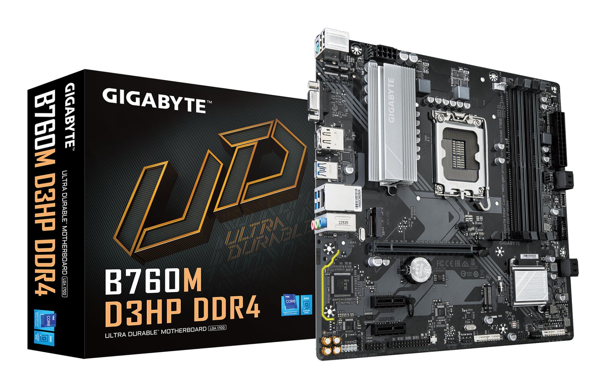 Mainboard GIGABYTE Intel B760 Express LGA1700 Micro-ATX Memory DDR4 Memory slots 4 2xPCI-Express 3.0 1x 1xPCI-Express 4.0 16x 2xM.2 1x15pin D-sub 1xHDMI 1xDisplayPort 6xUSB 2.0 5xUSB 3.2 1xUSB-C 1xPS/2 1xRJ45 3xAudio port B760MD3HPDDR4