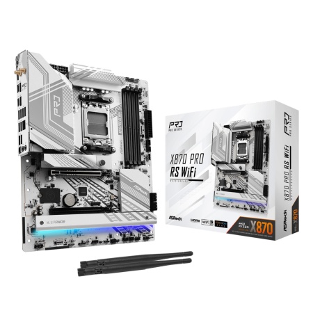 Mainboard ASROCK AMD X870 SAM5 ATX Memory DDR5 Memory slots 4 1xPCI-Express 4.0 16x 1xPCI-Express 5.0 16x 4xM.2 1xHDMI 6xUSB 2.0 4xUSB 3.2 2xUSB-C 1xOptical S/PDIF 1xRJ45 2xAudio port X870PRORSWIFI