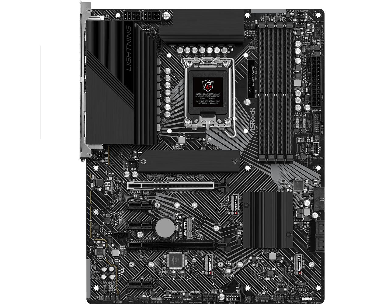 Mainboard ASROCK Intel Z790 LGA1700 ATX Memory DDR5 Memory slots 4 3xPCI-Express 3.0 1x 1xPCI-Express 4.0 16x 1xPCI-Express 5.0 16x 4xM.2 1xHDMI 1xAudio-In 1xAudio-Out 1xMicrophone 1xUSB 2.0 6xUSB 3.2 1xUSB-C 1xRJ45 Z790PGLIGHTNING