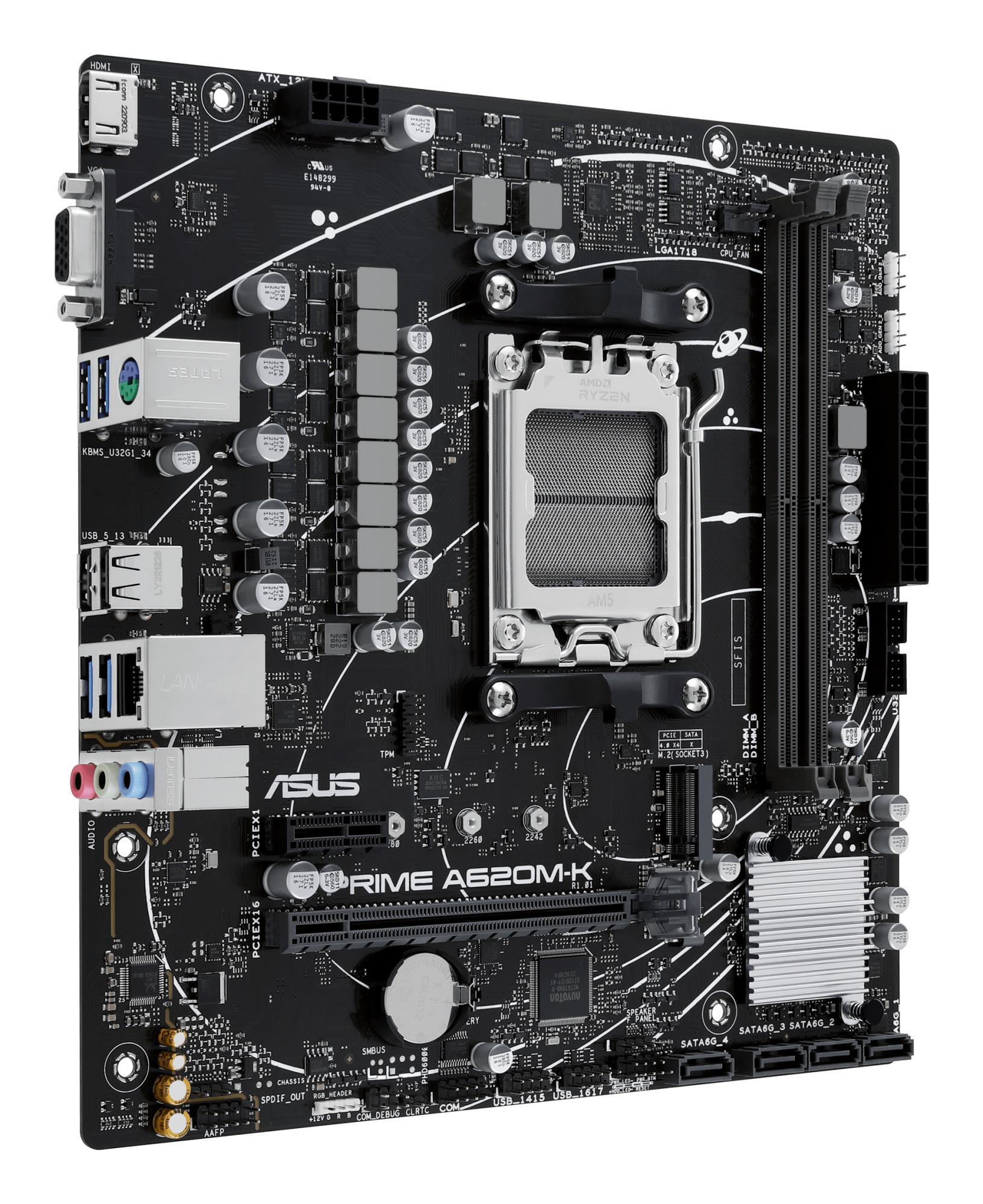 Mainboard ASUS AMD A620 Micro-ATX Memory DDR5 Memory slots 2 1xPCI-Express 3.0 1x 1xPCI-Express 4.0 16x 1xM.2 1x15pin D-sub 1xHDMI 2xUSB 2.0 4xUSB 3.2 1xPS/2 1xRJ45 3xAudio port PRIMEA620M-K - Image 3