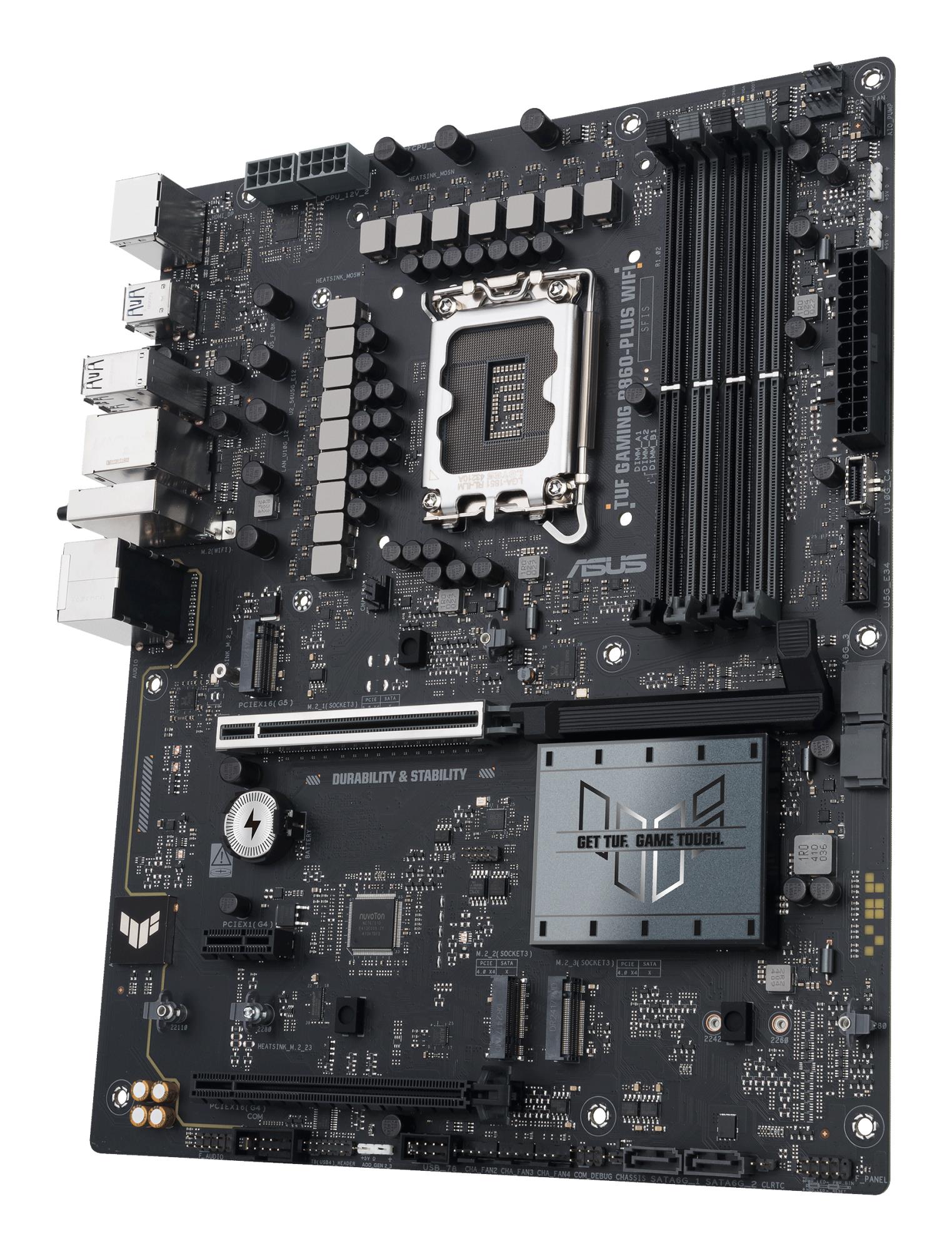 Mainboard ASUS Intel B860 Express LGA1851 ATX Memory DDR5 Memory slots 4 1xPCI-Express 4.0 1x 1xPCI-Express 4.0 16x 1xPCI-Express 5.0 16x 3xM.2 1xHDMI 1xDisplayPort 2xUSB 2.0 3xUSB 3.0 2xUSB 3.2 1xUSB-C 1xOptical S/PDIF 1xRJ45 5xAudio port TUFGAMINGB860-PLUSWIFI - Image 9