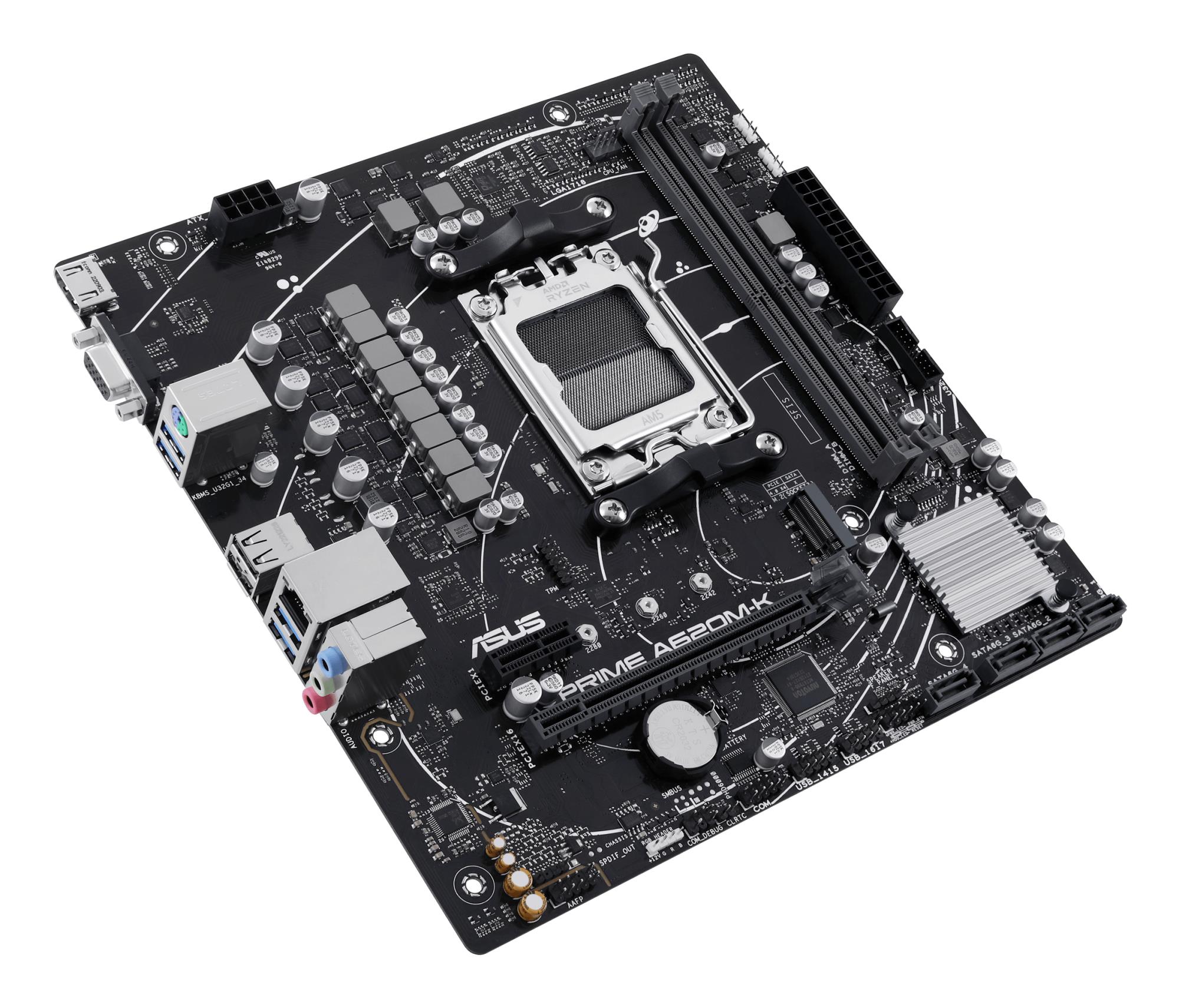 Mainboard ASUS AMD A620 Micro-ATX Memory DDR5 Memory slots 2 1xPCI-Express 3.0 1x 1xPCI-Express 4.0 16x 1xM.2 1x15pin D-sub 1xHDMI 2xUSB 2.0 4xUSB 3.2 1xPS/2 1xRJ45 3xAudio port PRIMEA620M-K - Image 5