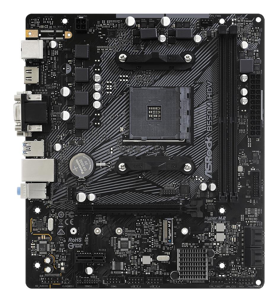Mainboard ASROCK AMD B550 SAM4 MicroATX 1xPCI-Express 3.0 1x 1xM.2 1xPCI-Express 4.0 16x Memory DDR4 Memory slots 2 1x15pin D-sub 1xDVI 1xHDMI 2xUSB 2.0 4xUSB 3.2 1xPS/2 1xRJ45 3xAudio port B550M-HDV - Image 2