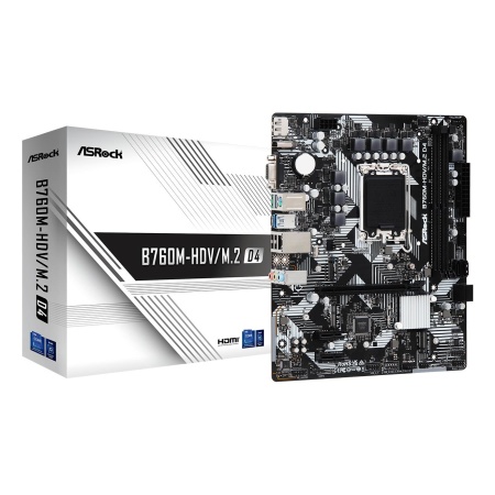 Mainboard ASROCK Intel B760 Express LGA1700 Micro-ATX Memory DDR4 Memory slots 2 2xPCI-Express 3.0 1x 1xPCI-Express 4.0 16x 2xM.2 1x15pin D-sub 1xHDMI 1xDisplayPort 2xUSB 2.0 3xUSB 3.2 1xUSB-C 1xPS/2 1xRJ45 3xAudio port B760M-HDV/M.2D4