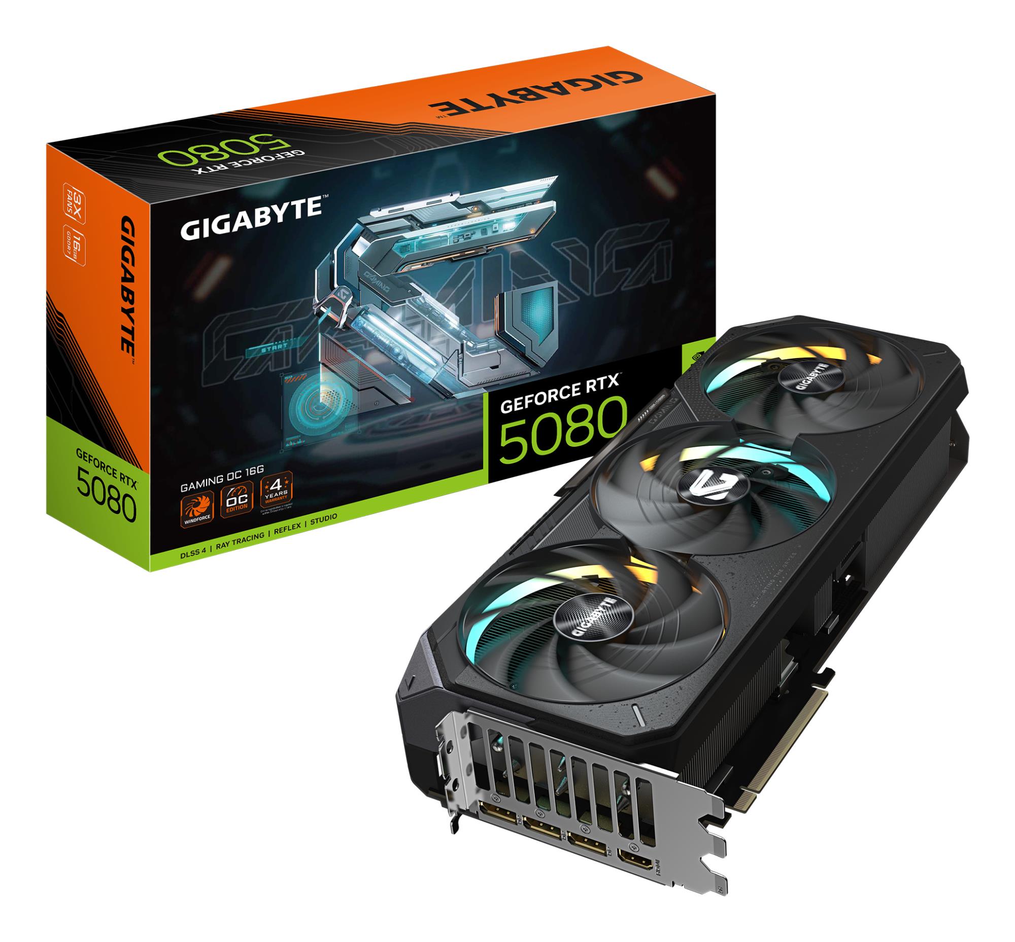 Graphics Card GIGABYTE NVIDIA GeForce RTX 5080 16 GB GDDR7 256 bit PCIE 5.0 16x GPU 2617 MHz Triple slot Fansink 1xHDMI 3xDisplayPort GV-N5080GAMINGOC-16GD