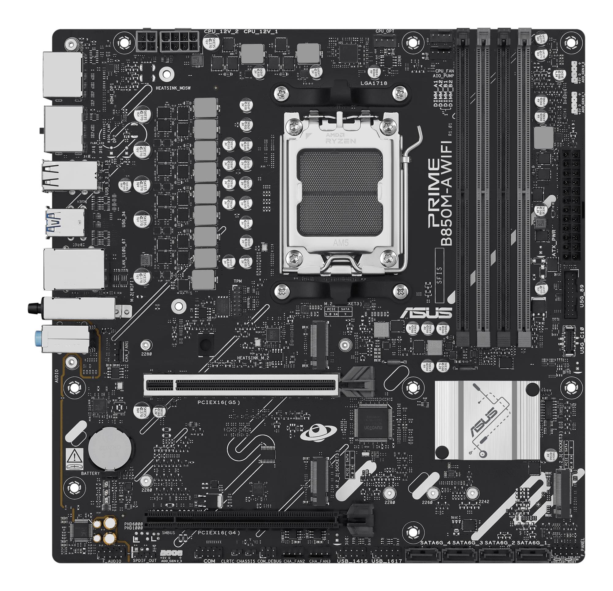 Mainboard ASUS AMD B850 SAM5 Micro-ATX Memory DDR5 Memory slots 4 1xPCI-Express 4.0 16x 1xPCI-Express 5.0 16x 3xM.2 1xHDMI 2xDisplayPort 4xUSB 2.0 4xUSB 3.2 1xRJ45 3xAudio port PRIMEB850M-AWIFI - Image 2