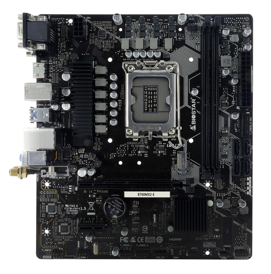Mainboard BIOSTAR Intel B760 Express LGA1700 Micro-ATX Memory DDR5 Memory slots 2 1xPCI-Express 3.0 1x 1xPCI-Express 4.0 16x 2xM.2 1x15pin D-sub 1xDVI-D 1xHDMI 4xUSB 2.0 2xUSB 3.2 1xPS/2 1xRJ45 3xAudio port B760MX2-E