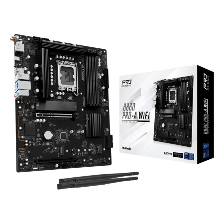 Mainboard ASROCK Intel B860 Express LGA1851 ATX Memory DDR5 Memory slots 4 1xPCI-Express 4.0 16x 1xPCI-Express 5.0 16x 1xM.2 1xHDMI 1xDisplayPort 1xAudio-In 1xAudio-Out 1xMicrophone 2xUSB 2.0 6xUSB 3.2 1xUSB-C 1xRJ45 B860PRO-AWIFI