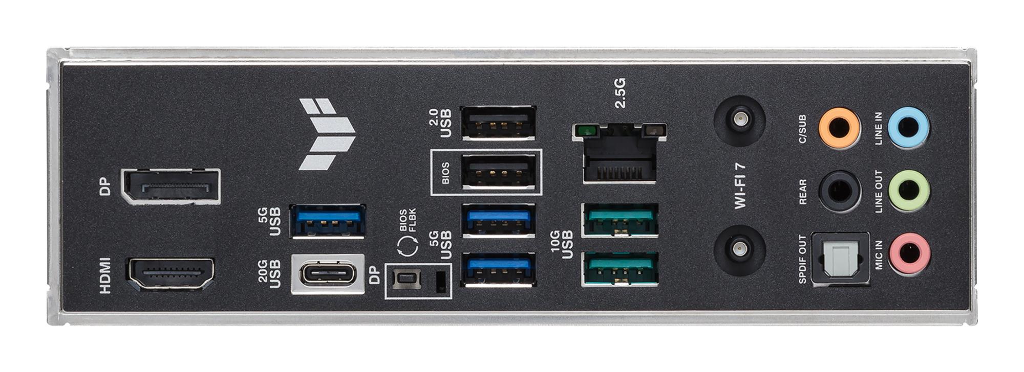 Mainboard ASUS Intel B860 Express LGA1851 ATX Memory DDR5 Memory slots 4 1xPCI-Express 4.0 1x 1xPCI-Express 4.0 16x 1xPCI-Express 5.0 16x 3xM.2 1xHDMI 1xDisplayPort 2xUSB 2.0 3xUSB 3.0 2xUSB 3.2 1xUSB-C 1xOptical S/PDIF 1xRJ45 5xAudio port TUFGAMINGB860-PLUSWIFI - Image 6