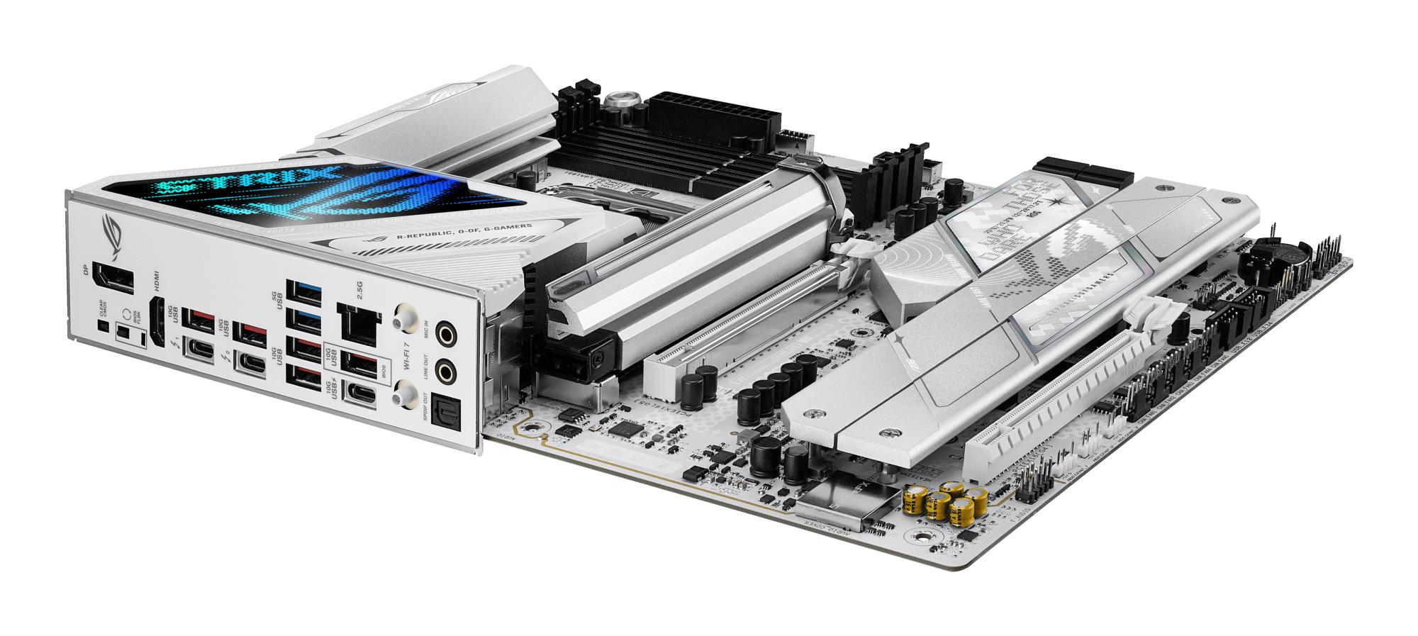 Mainboard ASUS Intel Z890 LGA1851 ATX Memory DDR5 Memory slots 4 1xPCI-Express 4.0 16x 1xPCI-Express 5.0 16x 5xM.2 1xHDMI 1xDisplayPort 1xAudio-In 1xAudio-Out 2xUSB 3.0 5xUSB 3.1 1xUSB-C 2xUSB-C w/Thunderbolt 1xOptical S/PDIF 1xRJ45 ROGSTRIXZ890-AGAMWIFI - Image 9