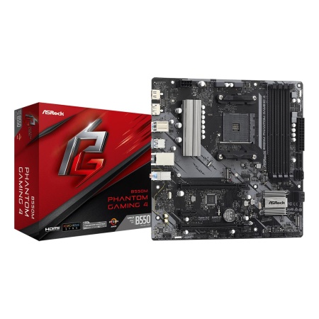 Mainboard ASROCK AMD B550 SAM4 MicroATX 1xPCI-Express 3.0 1x 1xPCI-Express 3.0 4x 2xM.2 1xPCI-Express 4.0 16x Memory DDR4 Memory slots 4 1xHDMI 1xDisplayPort 2xAudio-In 1xAudio-Out 2xUSB 2.0 4xUSB 3.2 1xPS/2 1xRJ45 B550MPHANTOMGAMING4