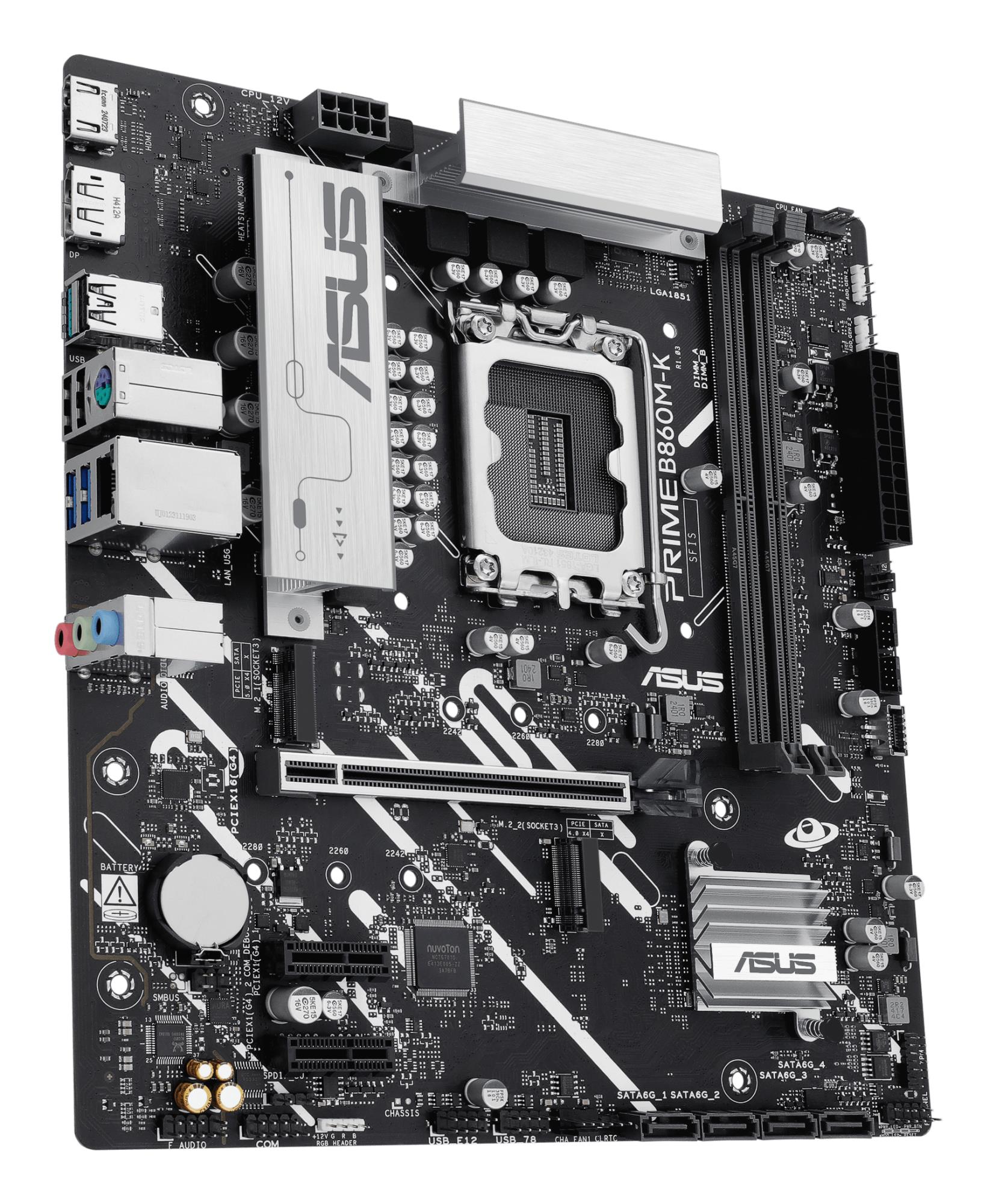 Mainboard ASUS Intel B860 Express LGA1851 Micro-ATX Memory DDR5 Memory slots 2 2xPCI-Express 4.0 1x 1xPCI-Express 4.0 16x 2xM.2 1xHDMI 1xDisplayPort 1xAudio-In 1xAudio-Out 1xMicrophone 3xUSB 2.0 2xUSB 3.0 1xUSB 3.2 1xPS/2 1xRJ45 PRIMEB860M-K - Image 3