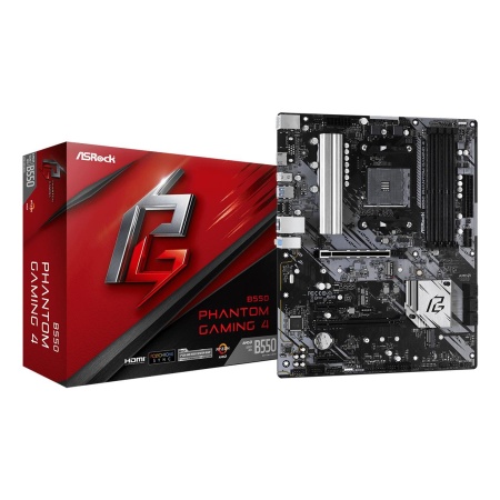 Mainboard ASROCK AMD B550 SAM4 ATX 2xPCI-Express 3.0 1x 1xPCI-Express 3.0 4x 2xM.2 1xPCI-Express 4.0 16x Memory DDR4 Memory slots 4 1xHDMI 2xAudio-In 1xAudio-Out 6xUSB 3.2 1xPS/2 1xRJ45 B550PHANTOMGAMING4