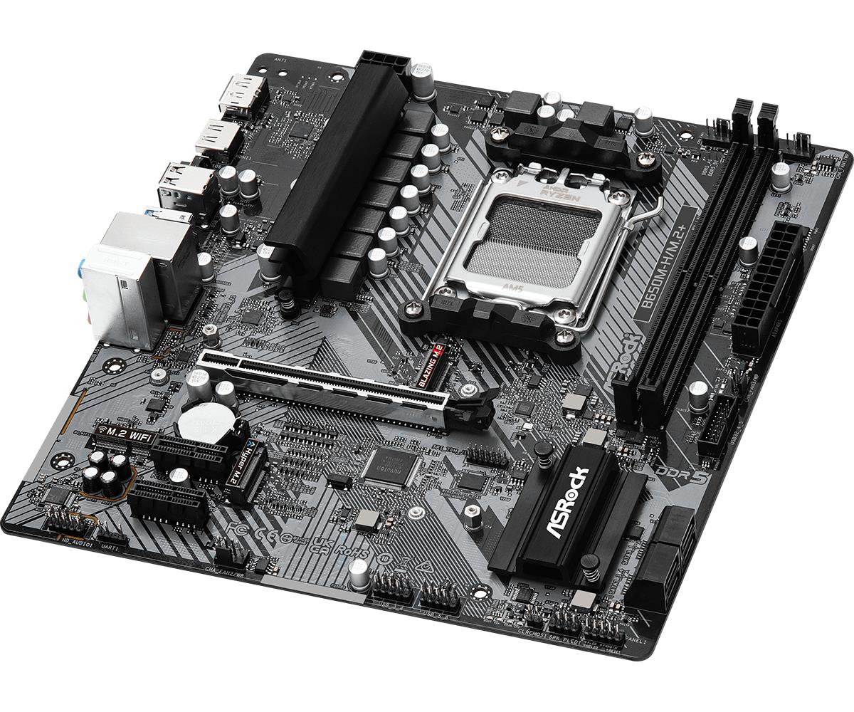 Mainboard ASROCK AMD B650 SAM5 Micro-ATX Memory DDR5 Memory slots 2 1xPCI-E 2xPCI-Express 4.0 1x 1xPCI-Express 4.0 16x 1xM.2 1xHDMI 1xDisplayPort 1xAudio-In 1xAudio-Out 1xMicrophone 2xUSB 2.0 3xUSB 3.2 1xUSB-C 1xRJ45 B650M-H/M.2+ - Image 3