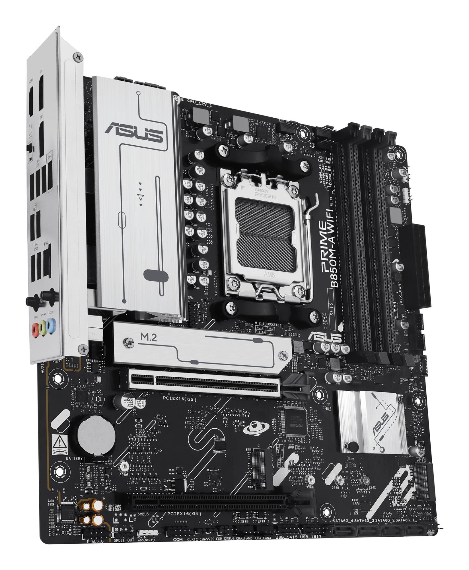 Mainboard ASUS AMD B850 SAM5 Micro-ATX Memory DDR5 Memory slots 4 1xPCI-Express 4.0 16x 1xPCI-Express 5.0 16x 3xM.2 1xHDMI 2xDisplayPort 4xUSB 2.0 4xUSB 3.2 1xRJ45 3xAudio port PRIMEB850M-AWIFI - Image 5