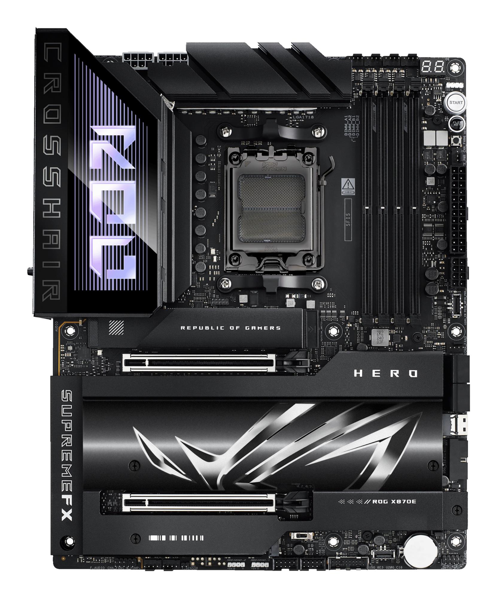 Mainboard ASUS AMD X870E SAM5 ATX Memory DDR5 Memory slots 4 2xPCI-Express 4.0 16x 2xPCI-Express 5.0 16x 4xM.2 1xHDMI 1xAudio-In 1xAudio-Out 6xUSB 3.2 2xUSB-C 2xUSB4 1xOptical S/PDIF 1xRJ45 ROGCROSSHAIRX870EHERO - Image 2