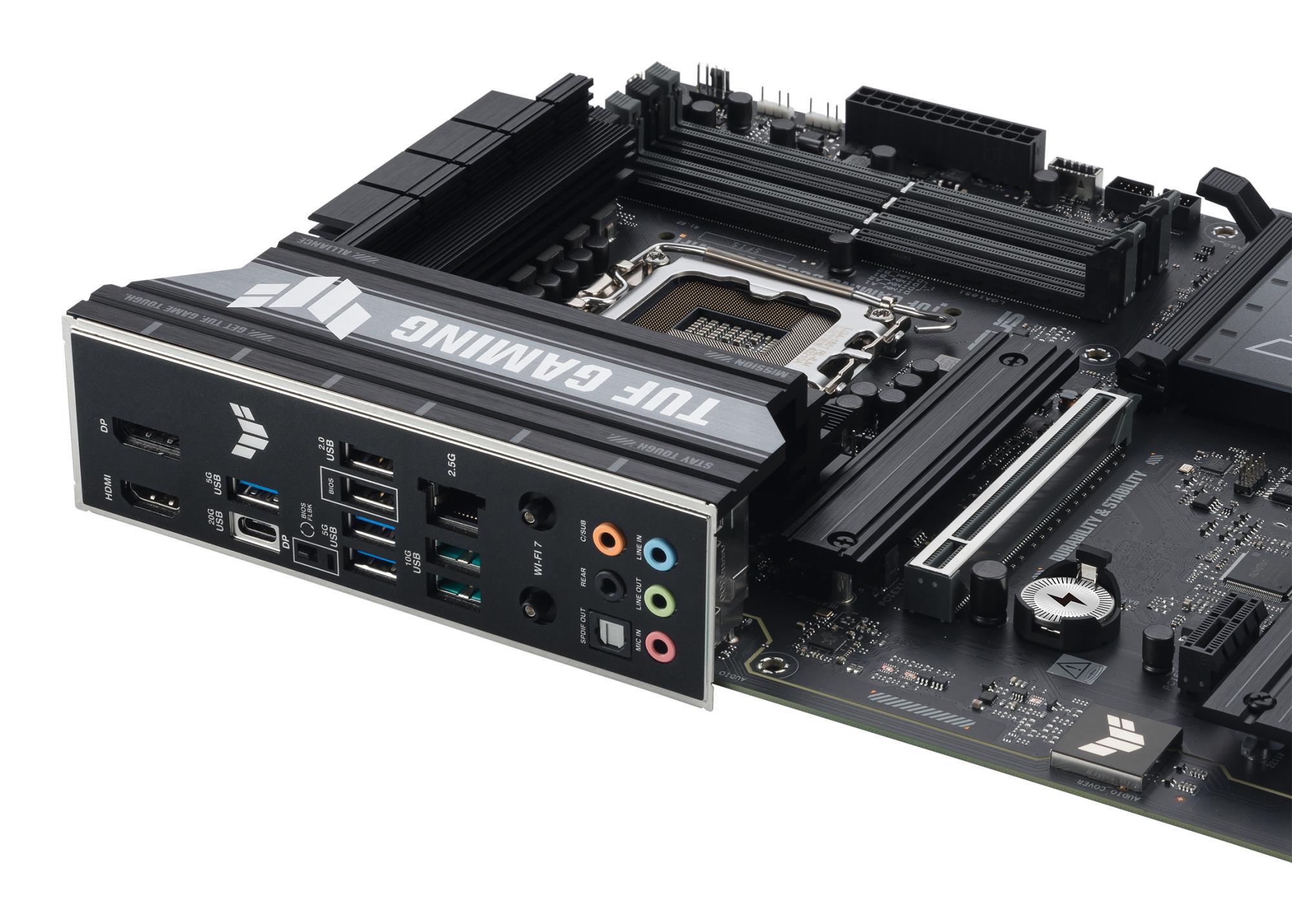 Mainboard ASUS Intel B860 Express LGA1851 ATX Memory DDR5 Memory slots 4 1xPCI-Express 4.0 1x 1xPCI-Express 4.0 16x 1xPCI-Express 5.0 16x 3xM.2 1xHDMI 1xDisplayPort 2xUSB 2.0 3xUSB 3.0 2xUSB 3.2 1xUSB-C 1xOptical S/PDIF 1xRJ45 5xAudio port TUFGAMINGB860-PLUSWIFI - Image 8