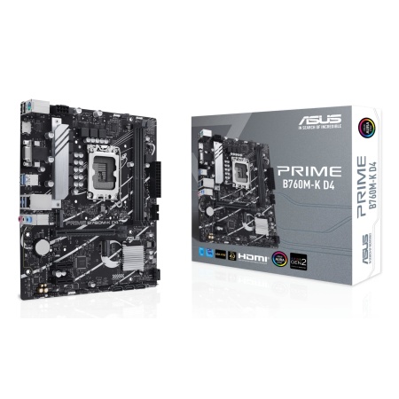 Mainboard ASUS Intel B760 Express LGA1700 Micro-ATX Memory DDR4 Memory slots 2 2xPCI-Express 4.0 1x 1xPCI-Express 4.0 16x 2xM.2 1x15pin D-sub 1xHDMI 2xUSB 2.0 4xUSB 3.2 1xPS/2 1xRJ45 3xAudio port PRIMEB760M-KD4