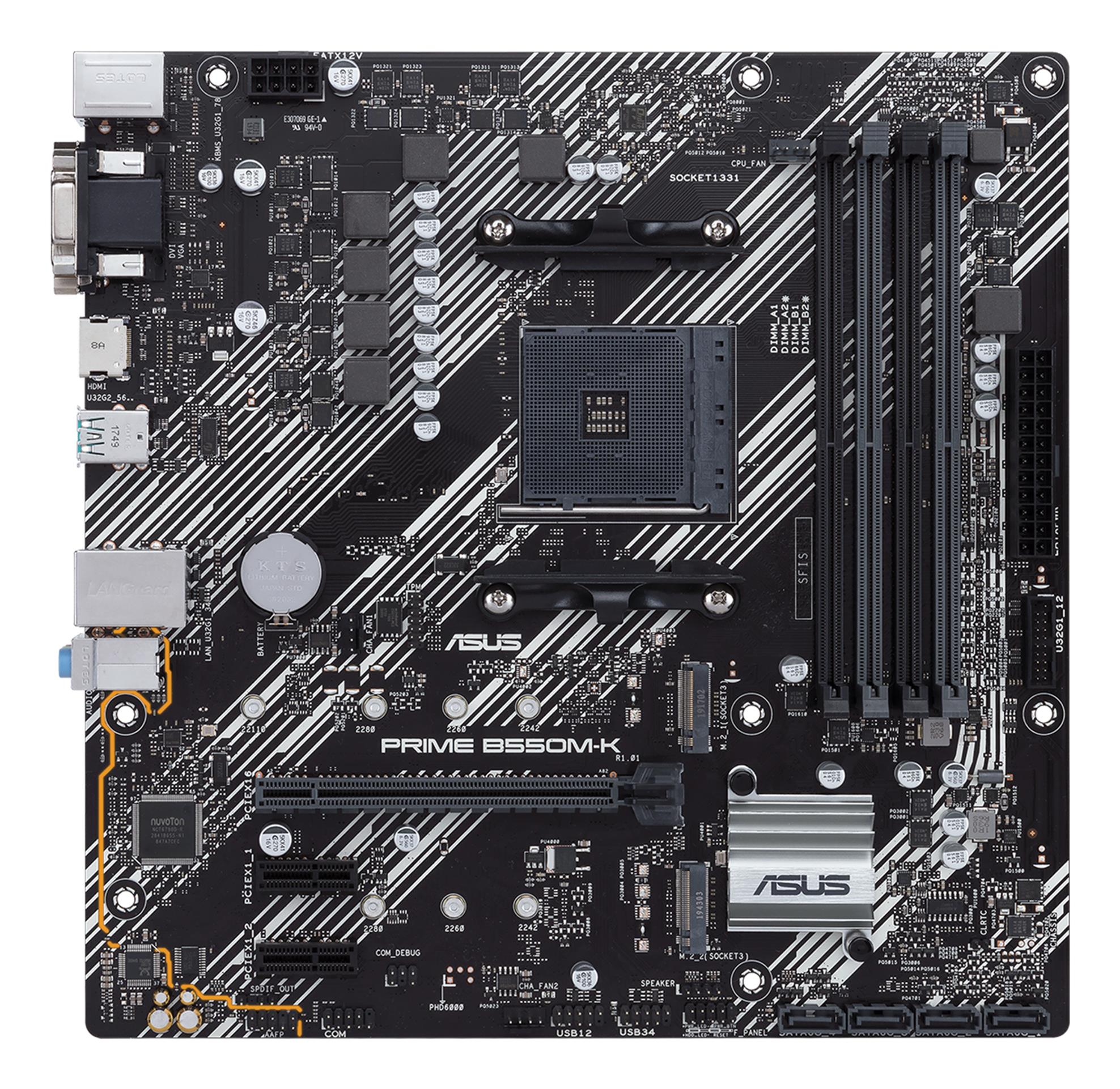 Mainboard ASUS AMD B550 SAM4 MicroATX 2xPCI-Express 3.0 1x 2xM.2 1xPCI-Express 4.0 16x Memory DDR4 Memory slots 4 1x15pin D-sub 1xDVI 1xHDMI 6xUSB 3.2 1xPS/2 1xRJ45 3xAudio port PRIMEB550M-K