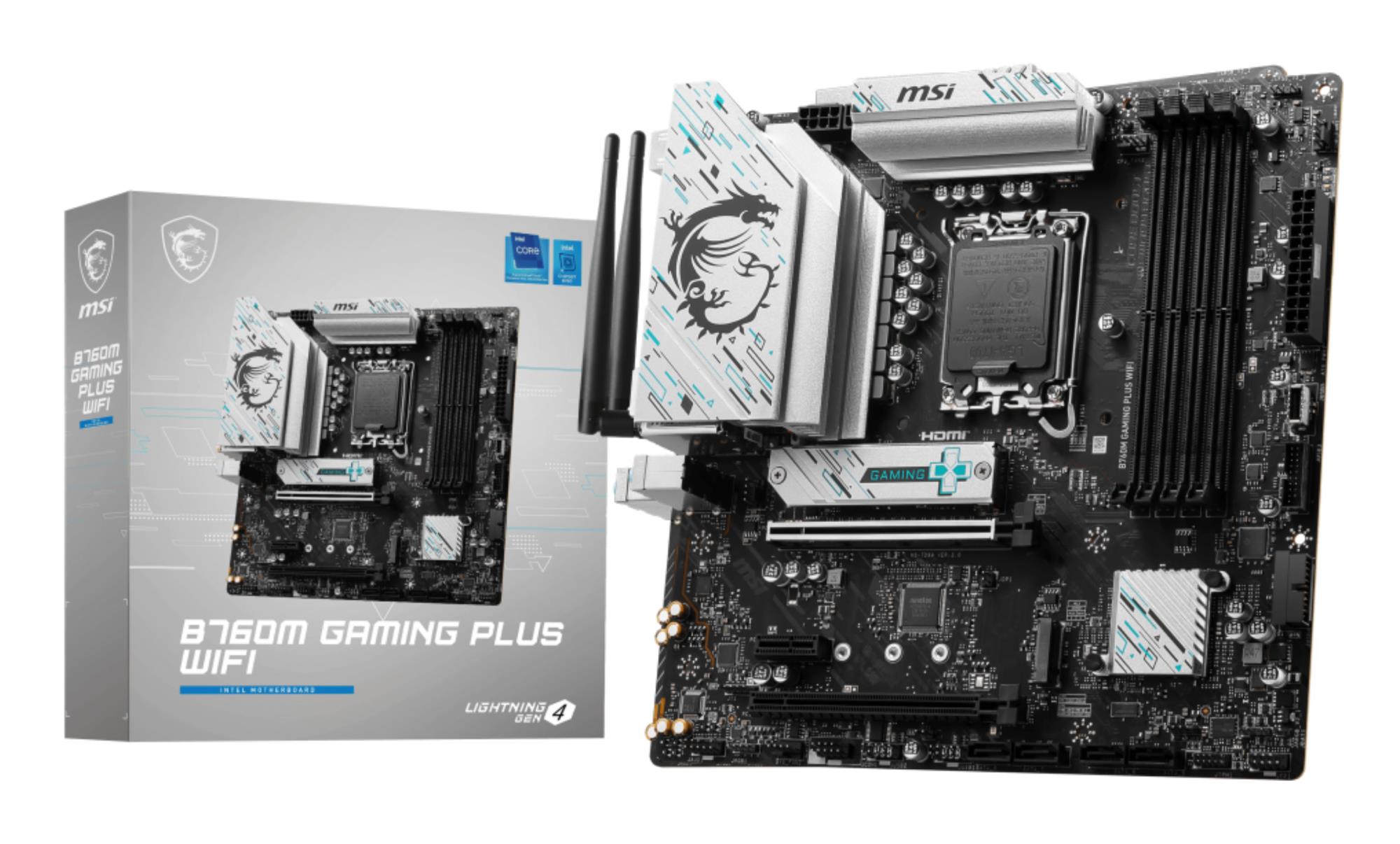 Mainboard MSI Intel B760 Express LGA1700 Micro-ATX Memory DDR5 Memory slots 4 1xPCI-Express 3.0 1x 1xPCI-Express 4.0 4x 1xPCI-Express 4.0 16x 2xM.2 2xHDMI 2xDisplayPort 2xUSB 2.0 4xUSB 3.2 1xPS/2 1xRJ45 3xAudio port B760MGAMINGPLUSWIFI