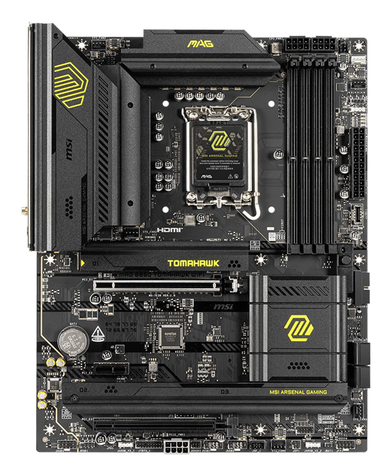 Mainboard MSI Intel B860 Express LGA1851 ATX Memory DDR5 Memory slots 4 1xPCI-Express 4.0 1x 1xPCI-Express 4.0 4x 1xPCI-Express 5.0 16x 3xM.2 1xHDMI 1xDisplayPort 8xUSB 2.0 6xUSB 3.2 3xUSB-C 1xOptical S/PDIF 1xRJ45 3xAudio port 1xThunderbolt MAGB860TOMAHAWKWIFI