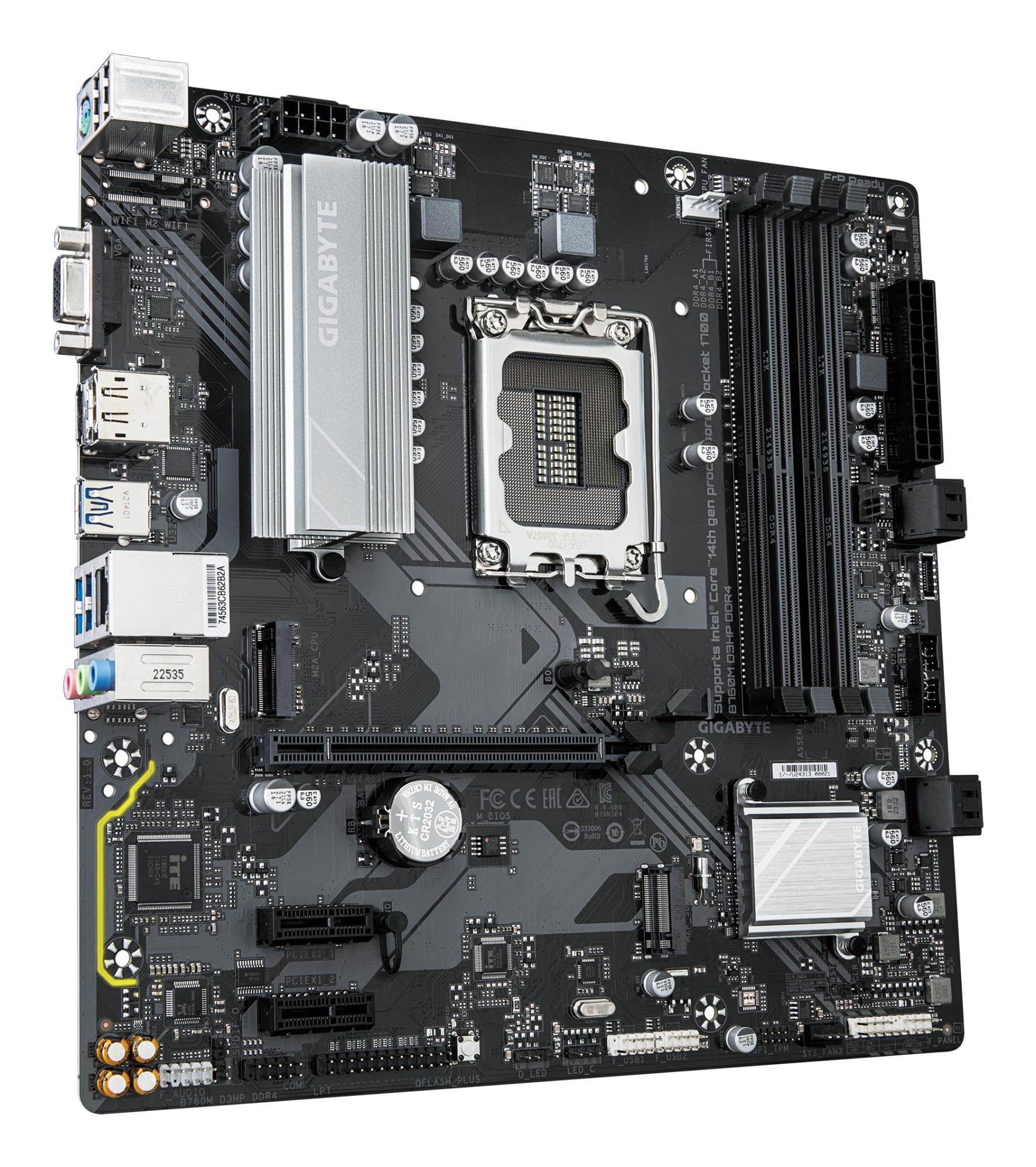 Mainboard GIGABYTE Intel B760 Express LGA1700 Micro-ATX Memory DDR4 Memory slots 4 2xPCI-Express 3.0 1x 1xPCI-Express 4.0 16x 2xM.2 1x15pin D-sub 1xHDMI 1xDisplayPort 6xUSB 2.0 5xUSB 3.2 1xUSB-C 1xPS/2 1xRJ45 3xAudio port B760MD3HPDDR4 - Image 3