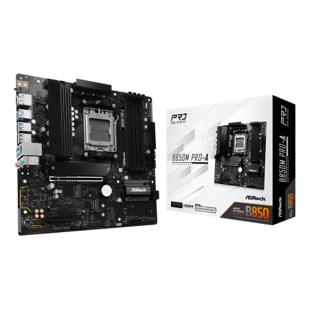 Mainboard ASROCK AMD B850 SAM5 Micro-ATX Memory DDR5 Memory slots 4 1xPCI-Express 4.0 4x	 1xPCI-Express 5.0 16x 1xM.2 1xHDMI 1xDisplayPort 1xAudio-In 1xAudio-Out 1xMicrophone 4xUSB 2.0 3xUSB 3.2 1xUSB-C 1xRJ45 B850MPRO-A