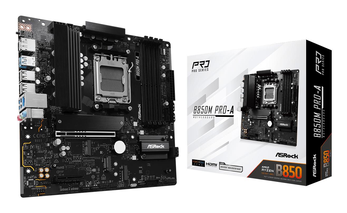 Mainboard ASROCK AMD B850 SAM5 Micro-ATX Memory DDR5 Memory slots 4 1xPCI-Express 4.0 4x 1xPCI-Express 5.0 16x 1xM.2 1xHDMI 1xDisplayPort 1xAudio-In 1xAudio-Out 1xMicrophone 4xUSB 2.0 3xUSB 3.2 1xUSB-C 1xRJ45 B850MPRO-A